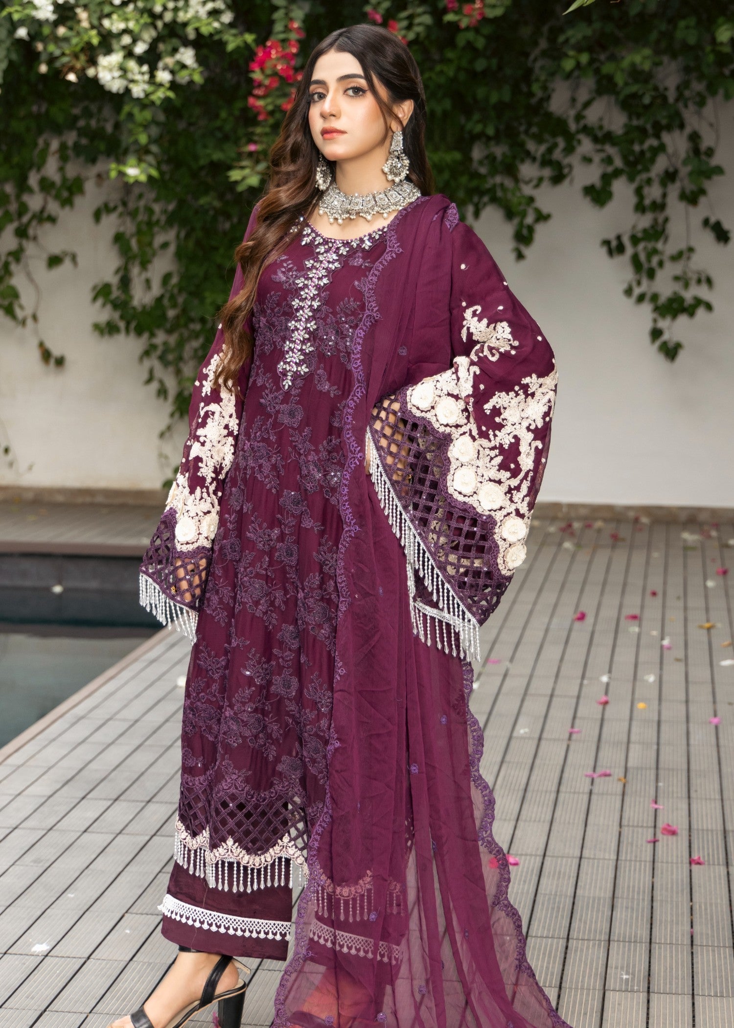 bemberg crinkle chiffon Kurta Set in Burgundy
