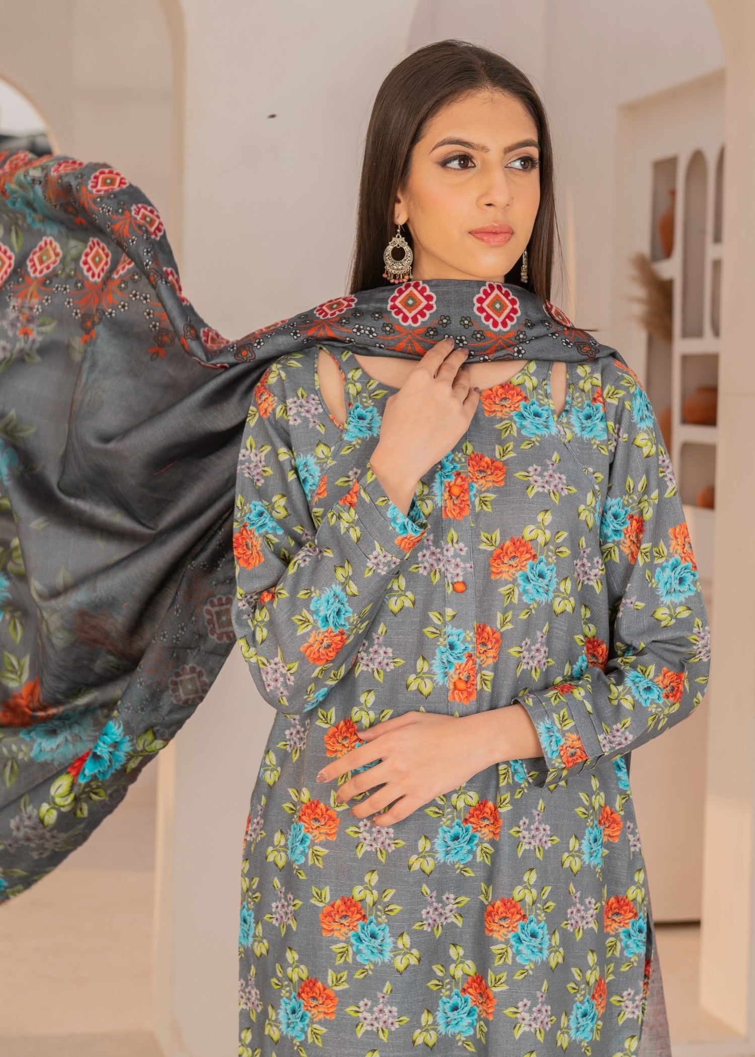 khaddar Kurta Set in Slate grey