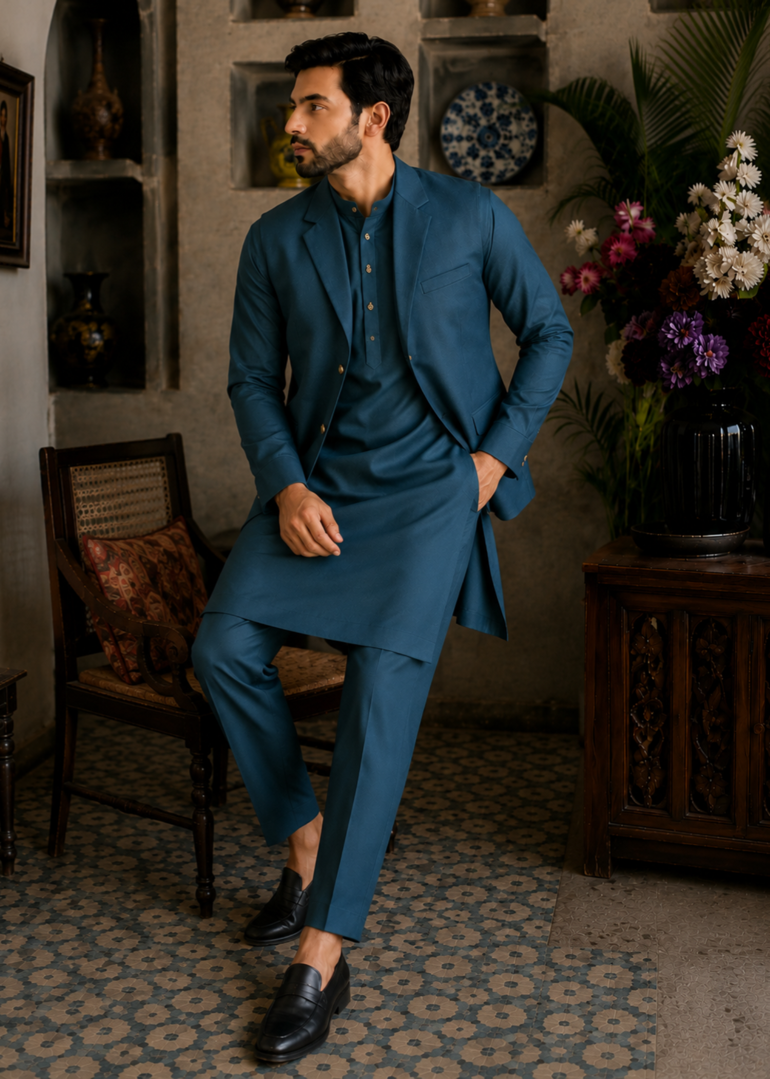 textured wash & wear Waistcoat in Teal