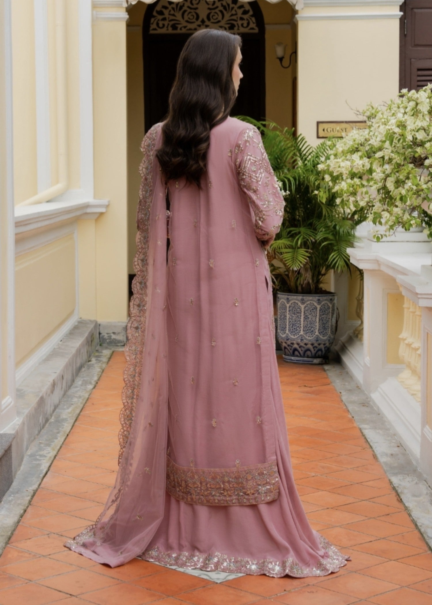 net Lehenga in Tea rose pink