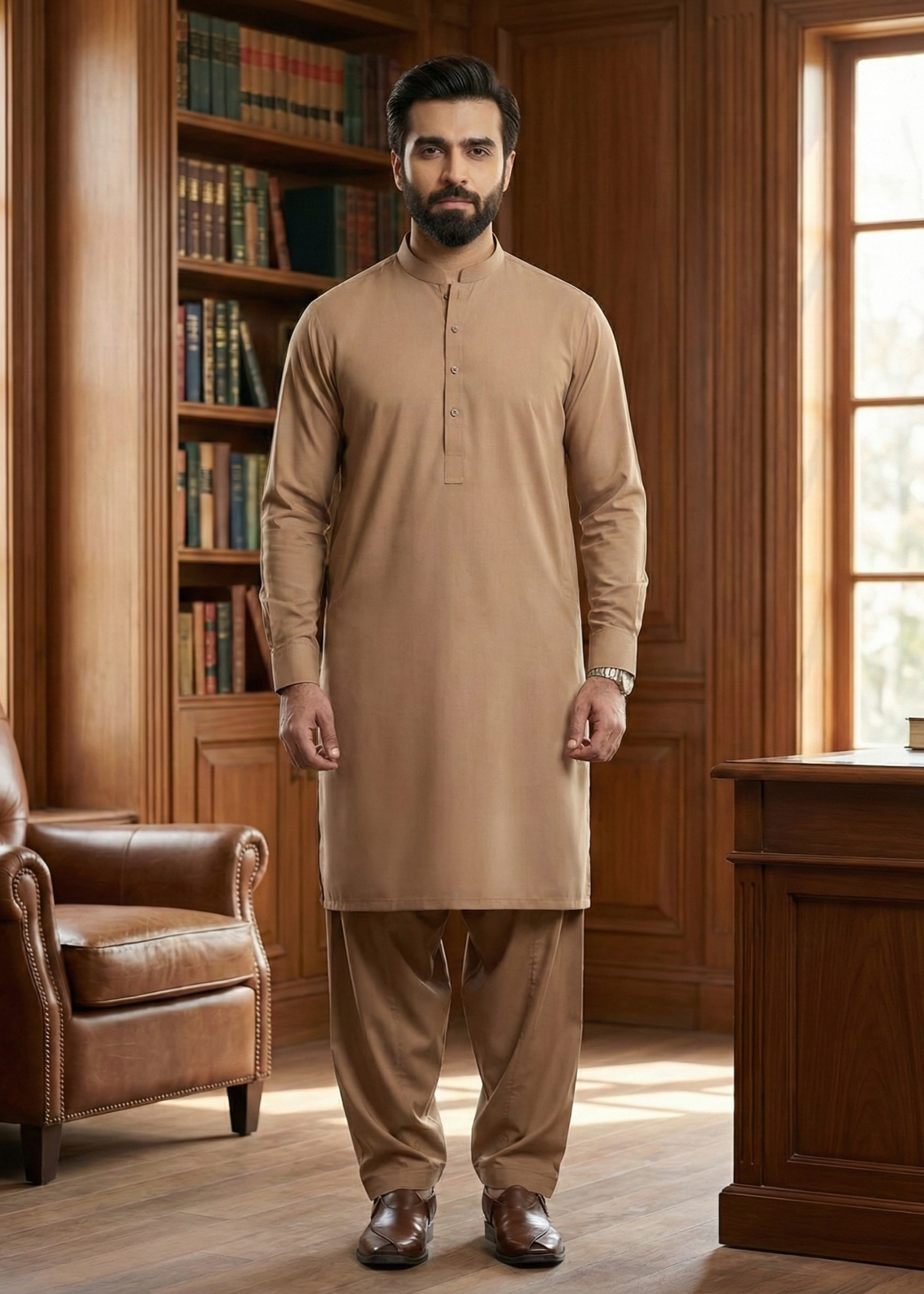 wash & wear Shalwar Kameez in Sand brown by Dot N Dot
