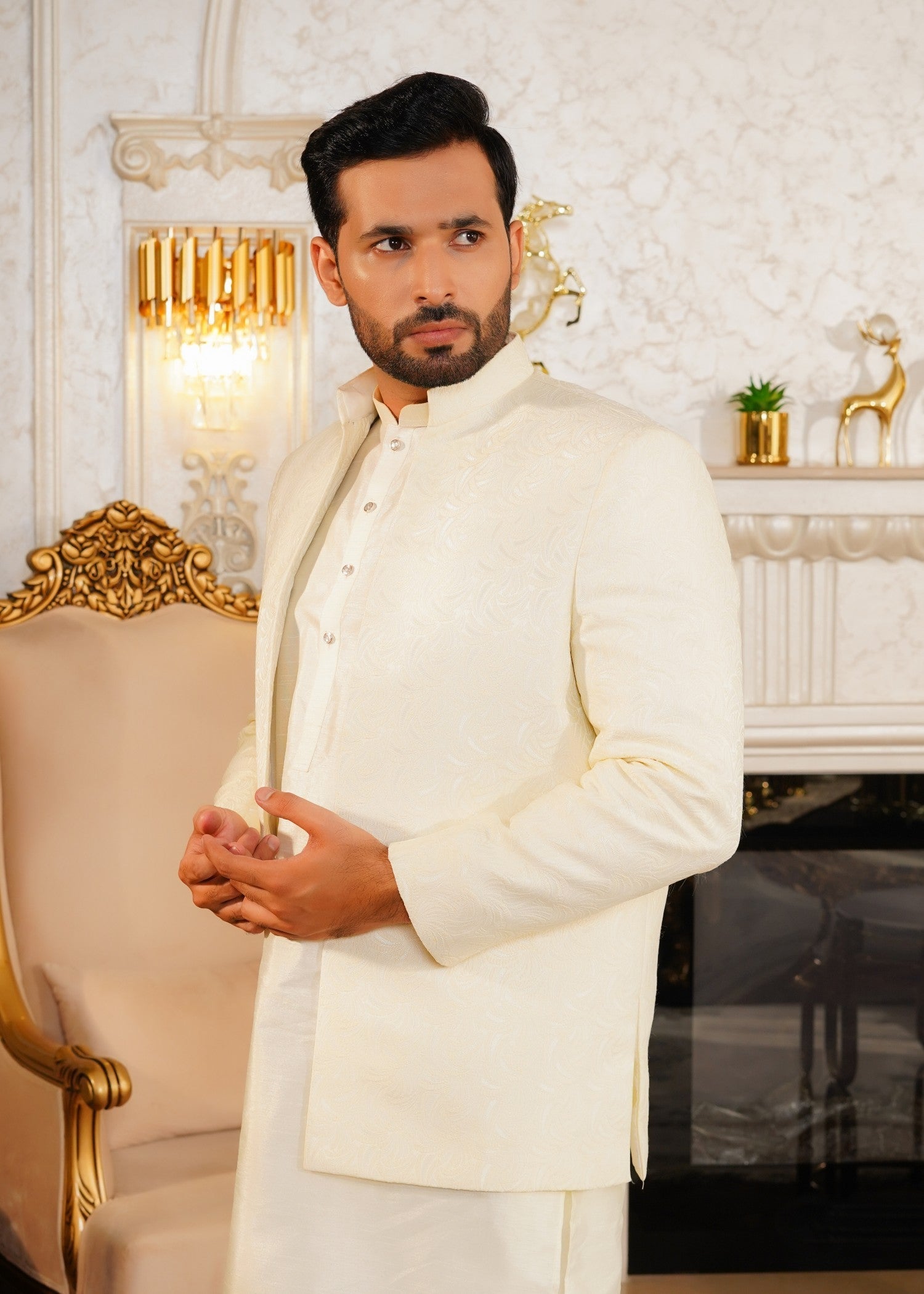 traditional jamawar Prince Coat in Cream