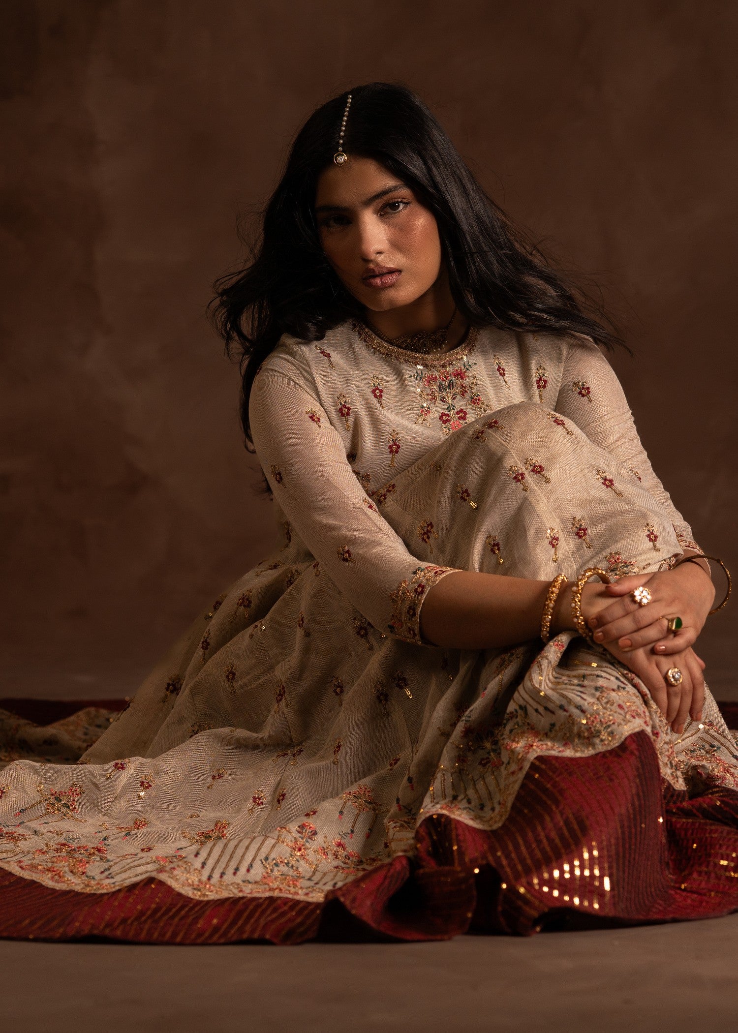cotton net Pishwas in Maroon, beige
