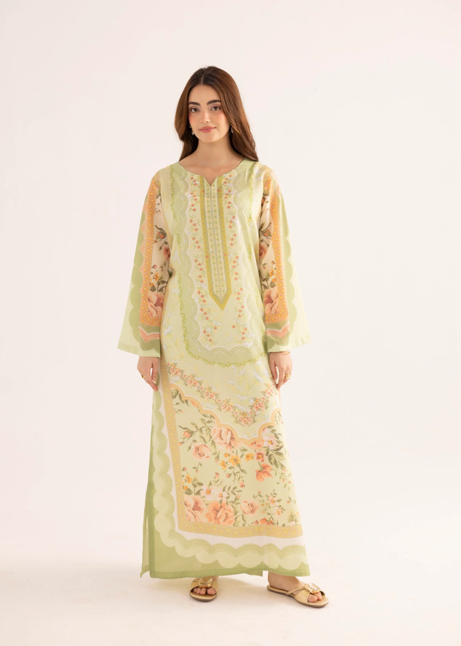 silk finish lawn Kaftan in Acid yellow