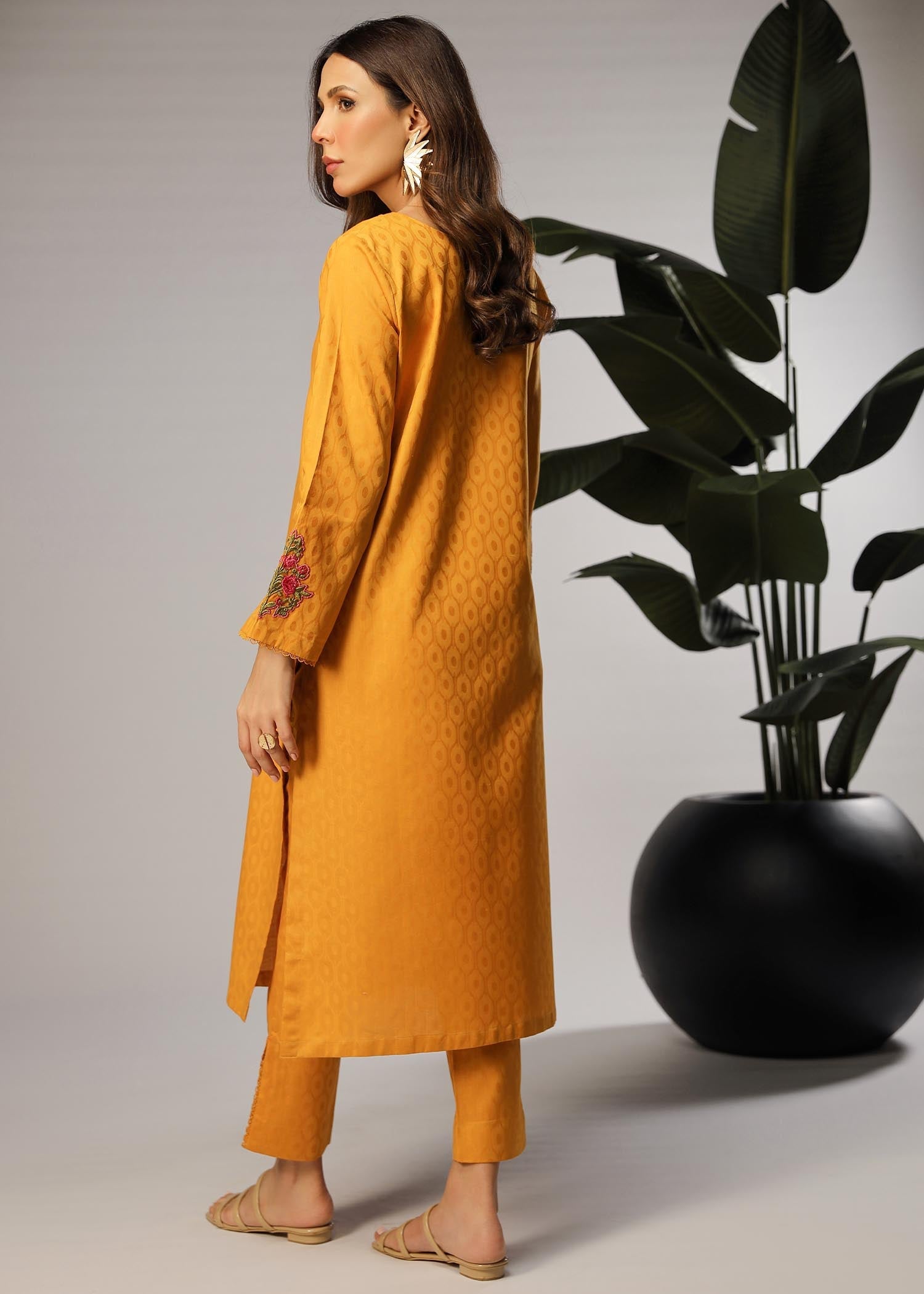 self jacquard Kurta Set in Yellow