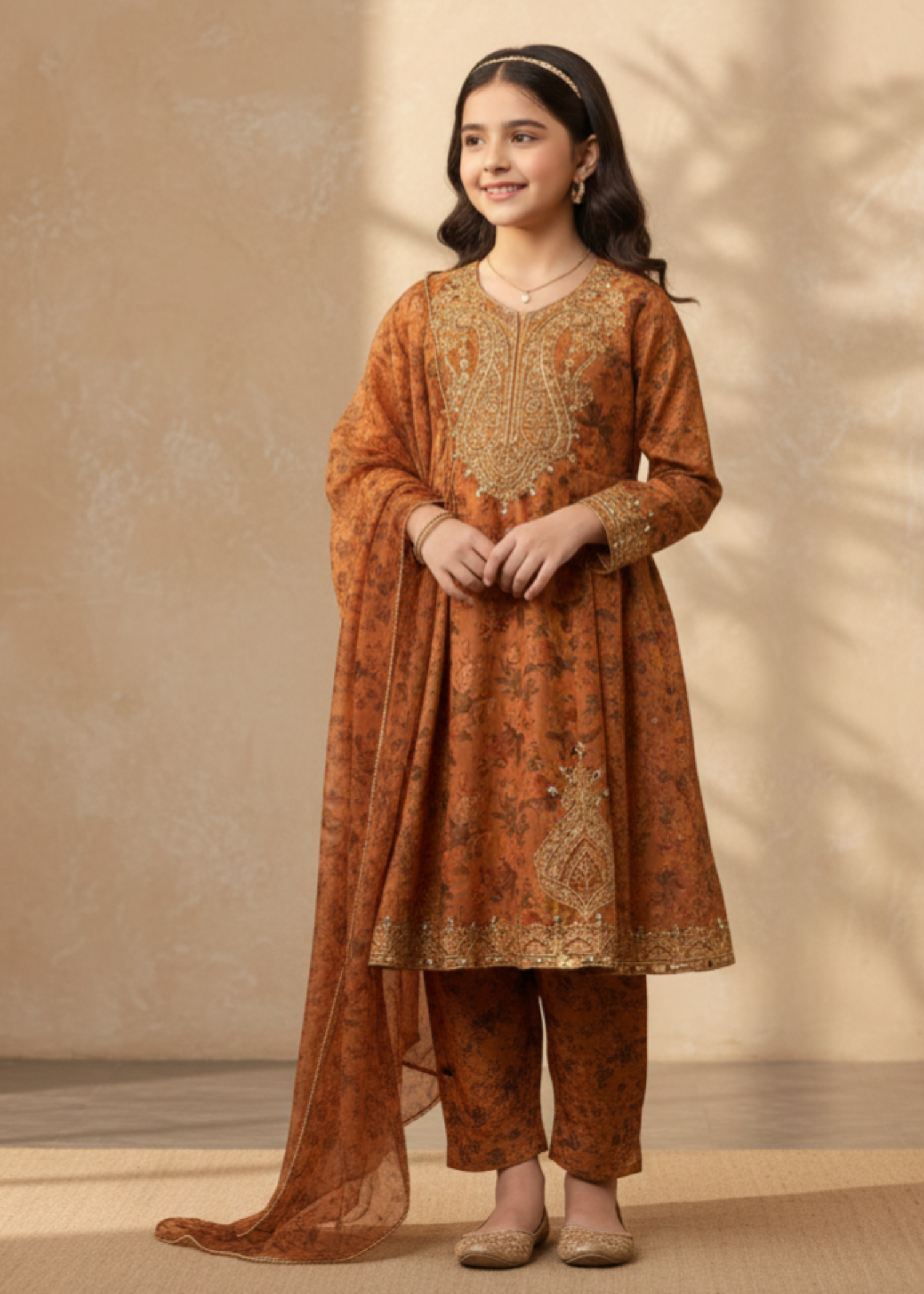 lawn Pishwas in Rustic brown
