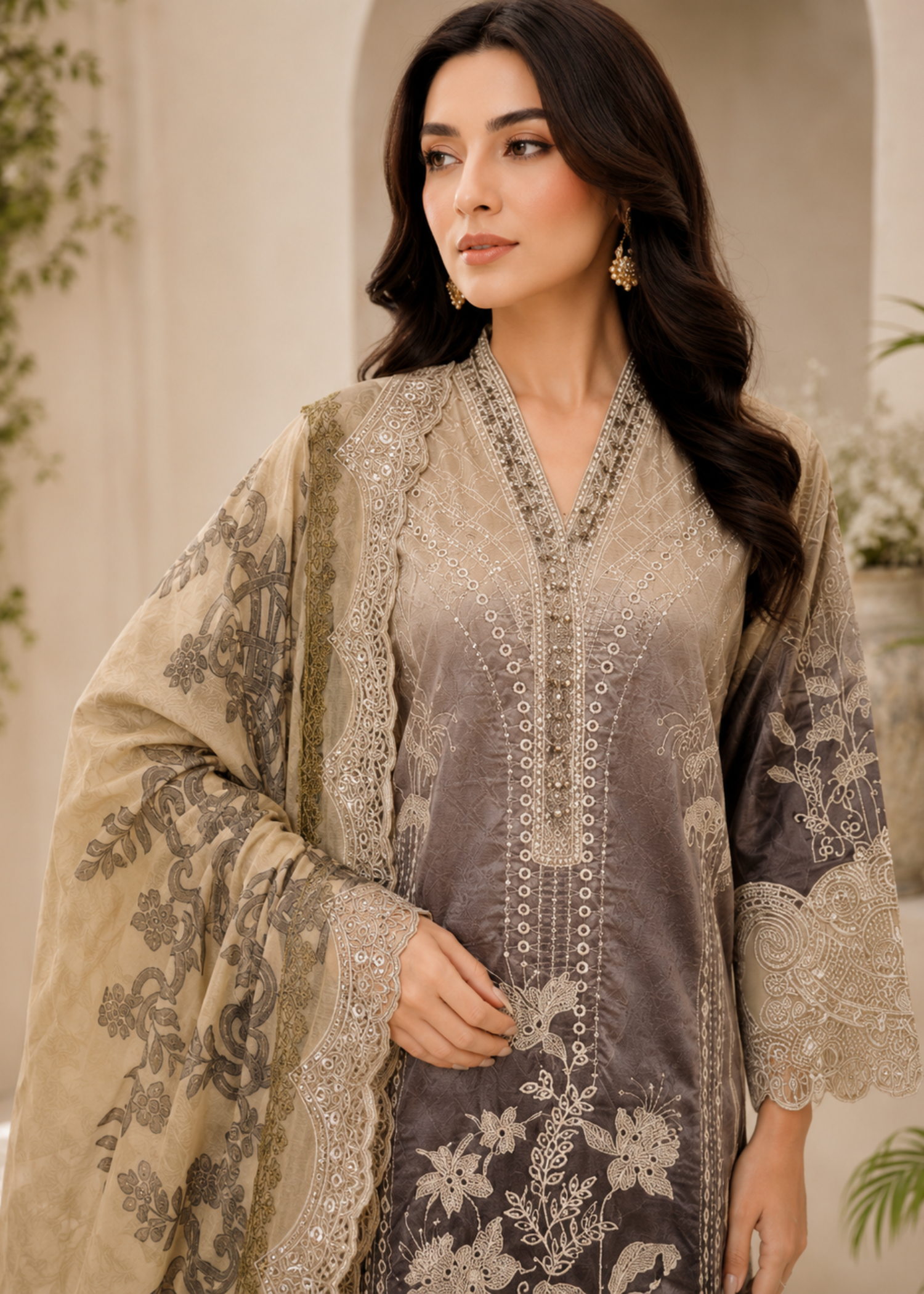 lawn Kurta Set in Chocolate brown, cream