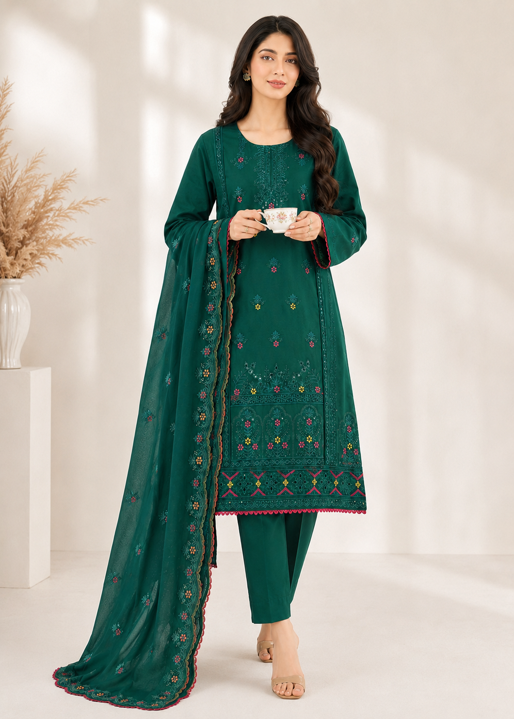 cotton Kurta Set in Forest green