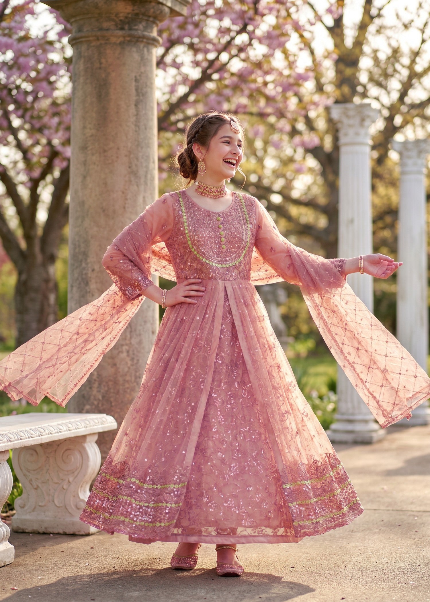 net Pishwas in Tea rose pink