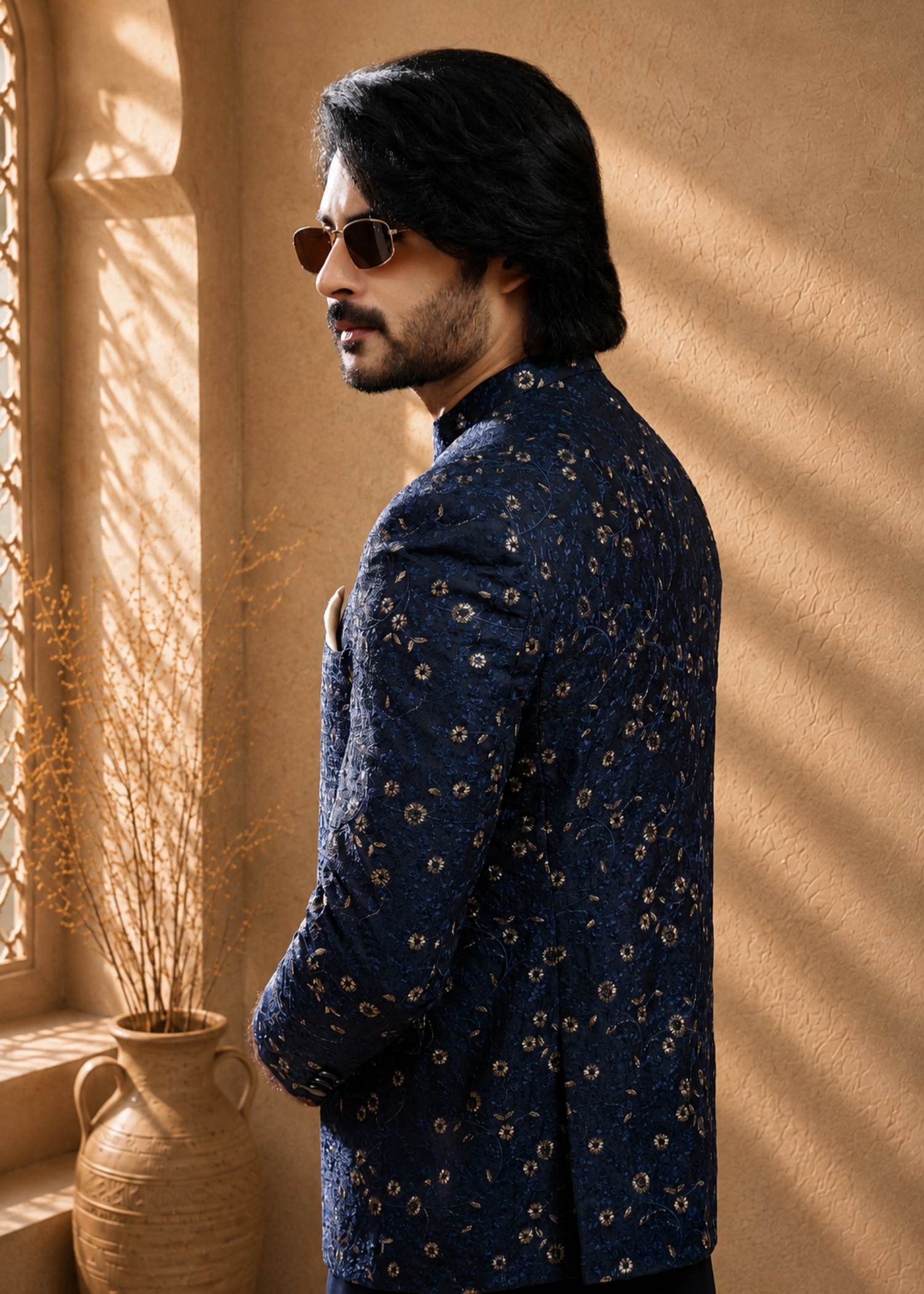jamawar Prince Coat in Navy blue
