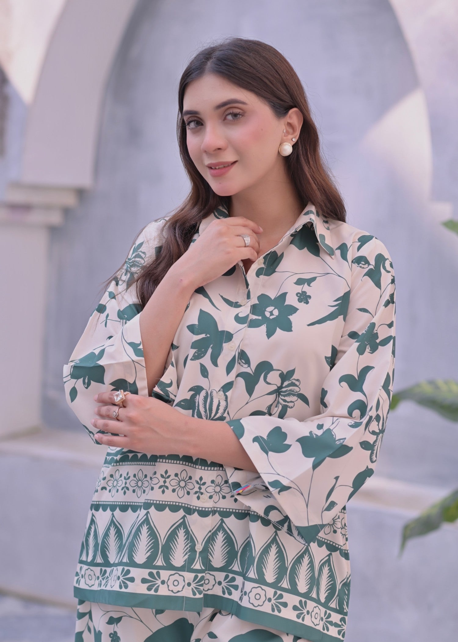 crepe Co ord Sets in Emerald green, ivory