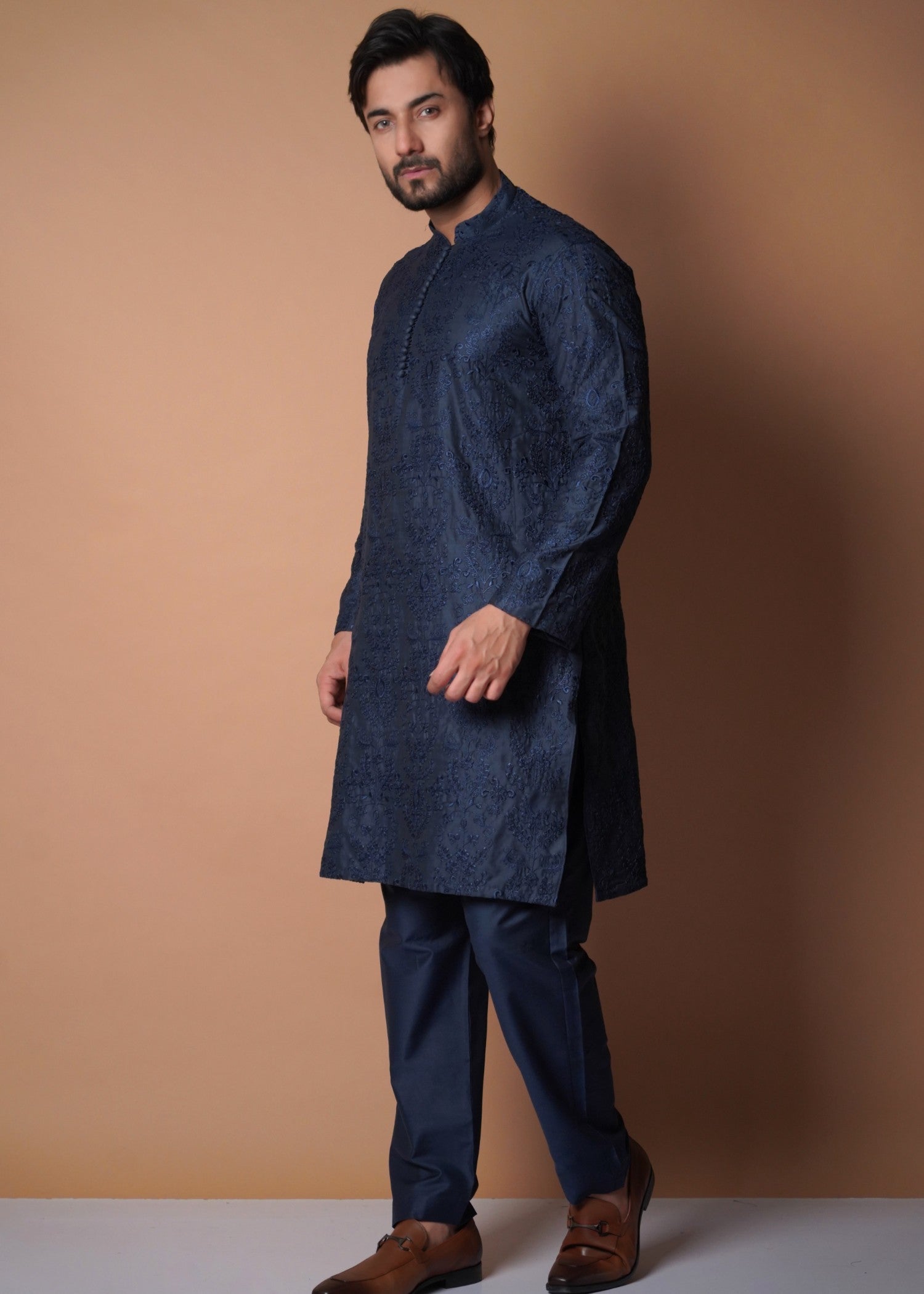 cotton silk Kurta Set in Navy blue