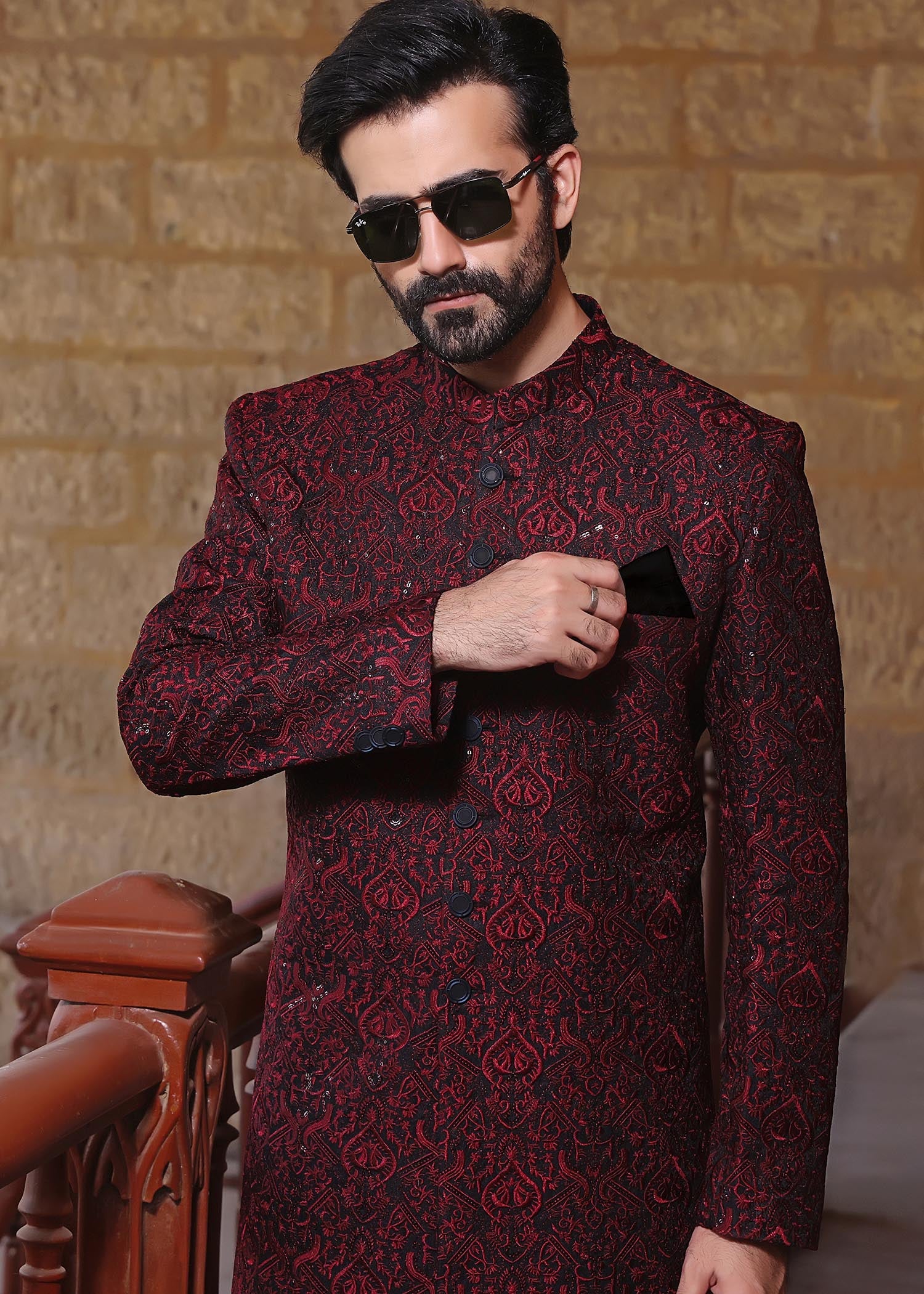 banarsi silk Sherwani in Maroon