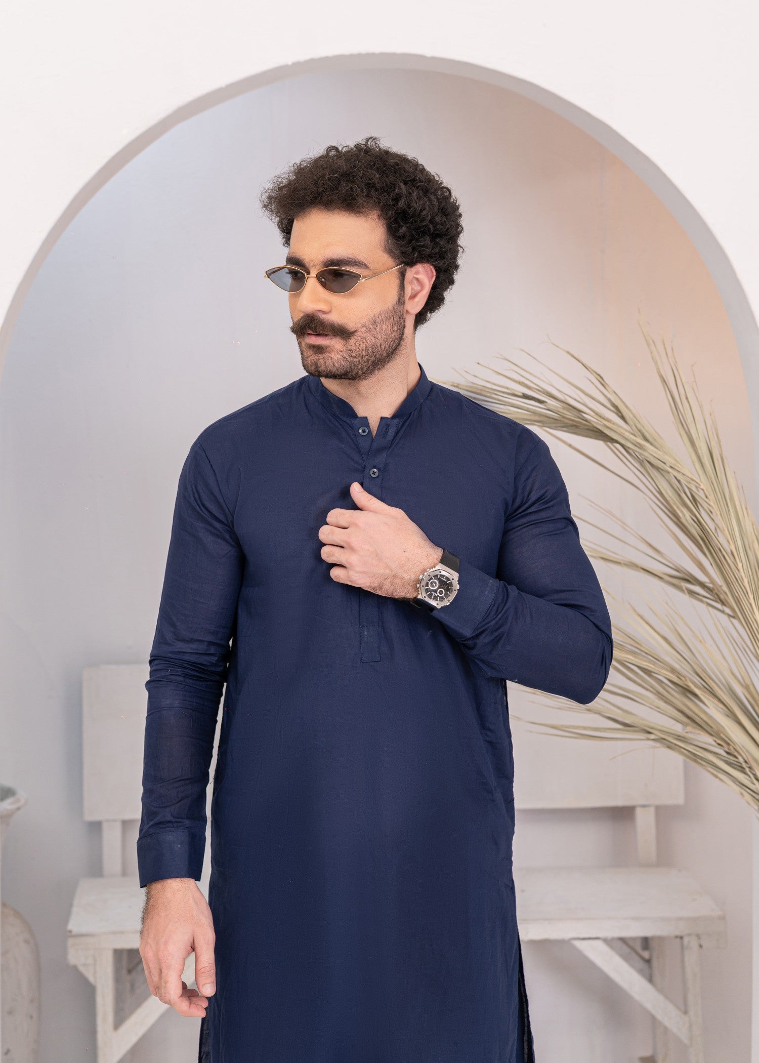 cotton Shalwar Kameez in Navy blue by Hassan Jee Men