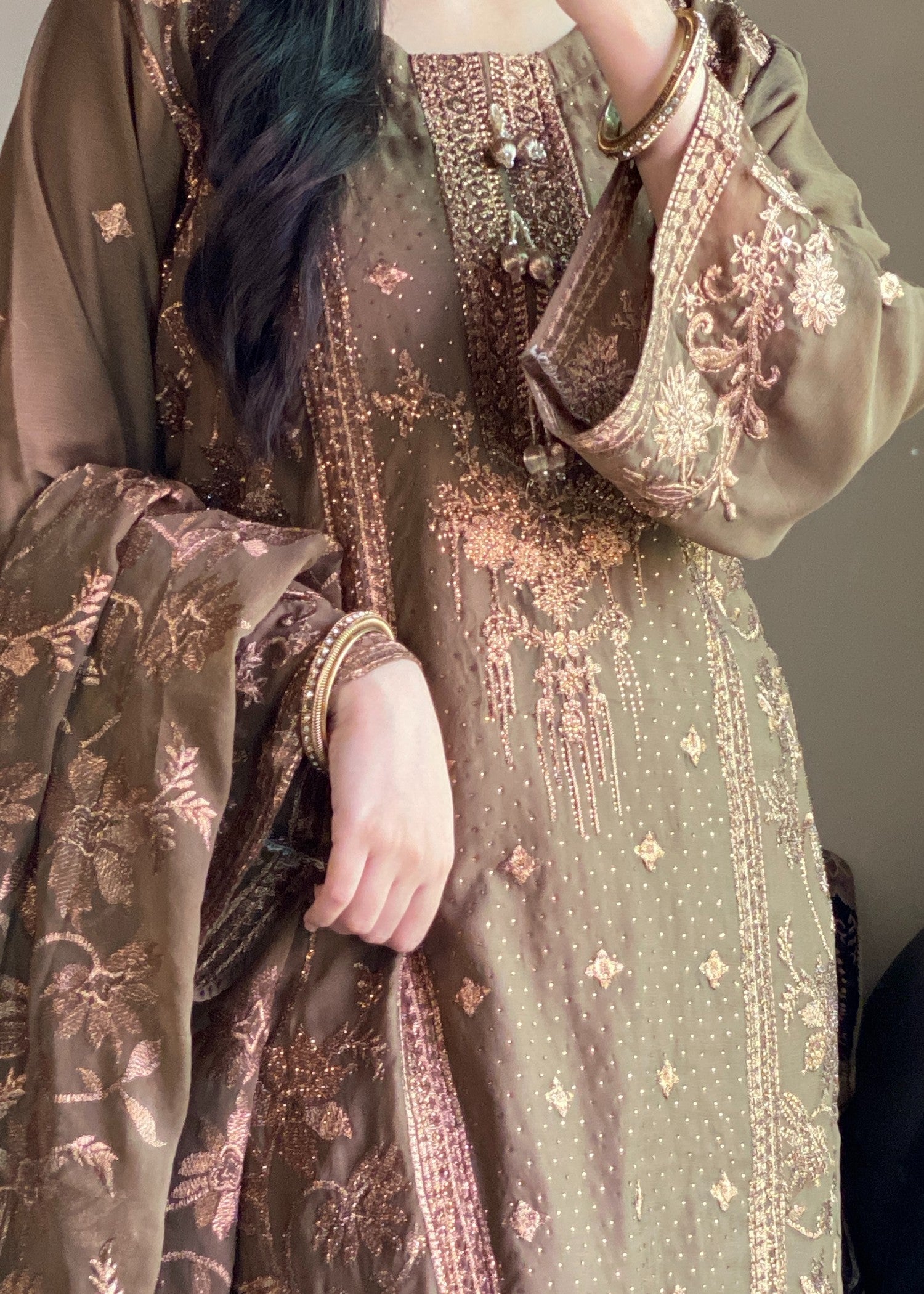 chiffon Kurta Set in Chocolate brown