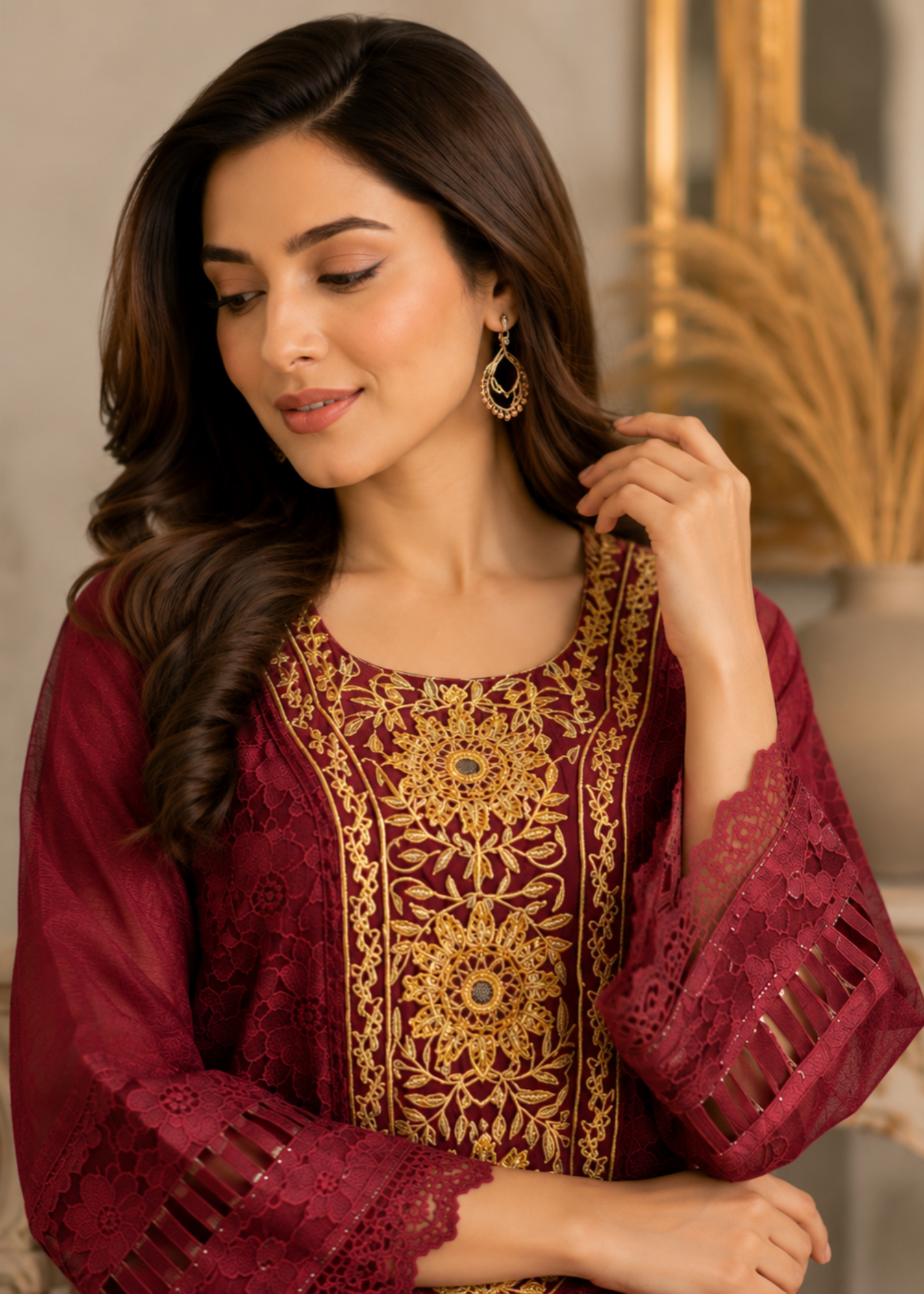 tissue Kurti in Maroon