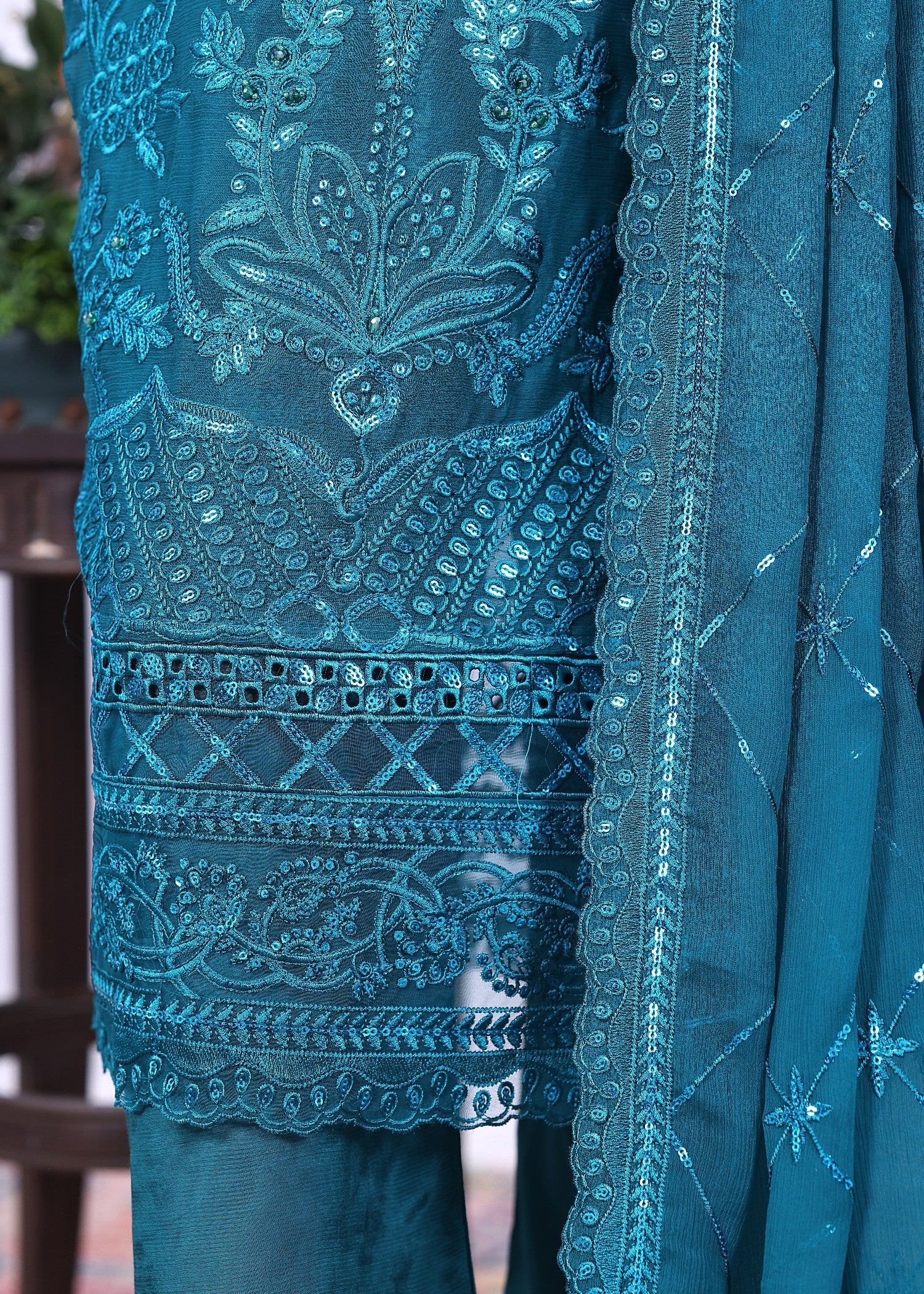polyester chiffon Kurta Set in Teal