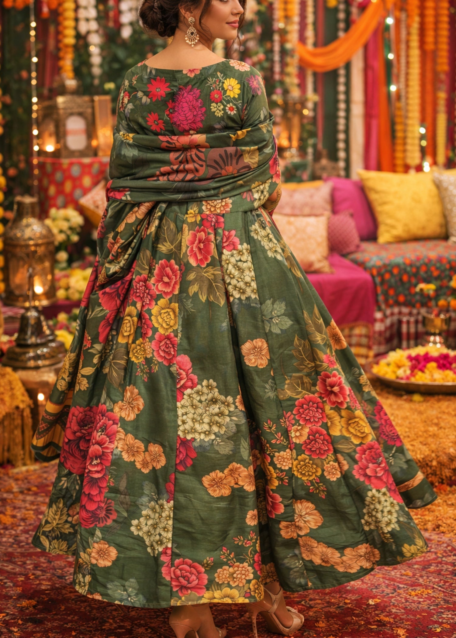 corduroy Anarkali in Bottle green