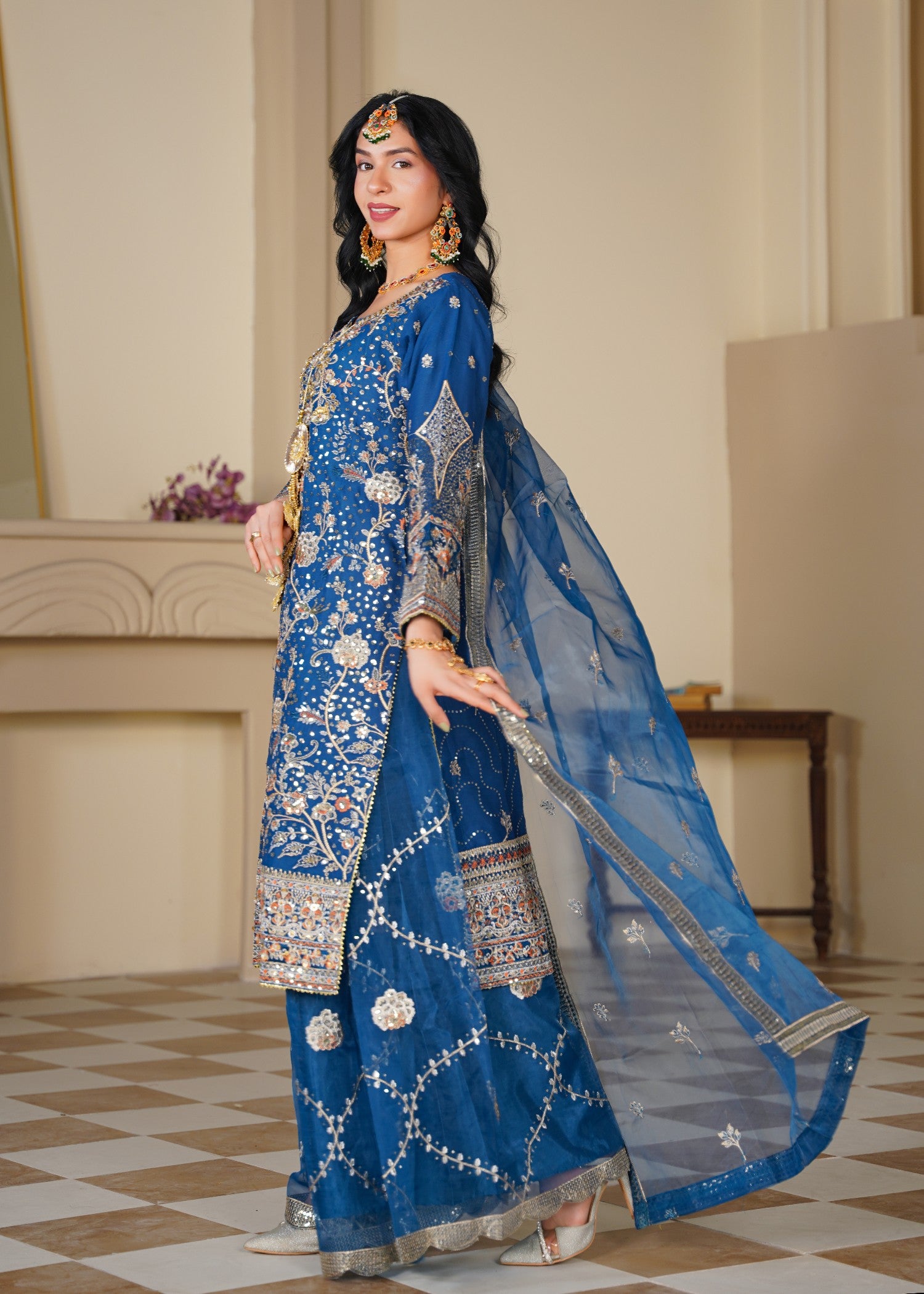 chiffon Sharara in Sapphire blue, gold