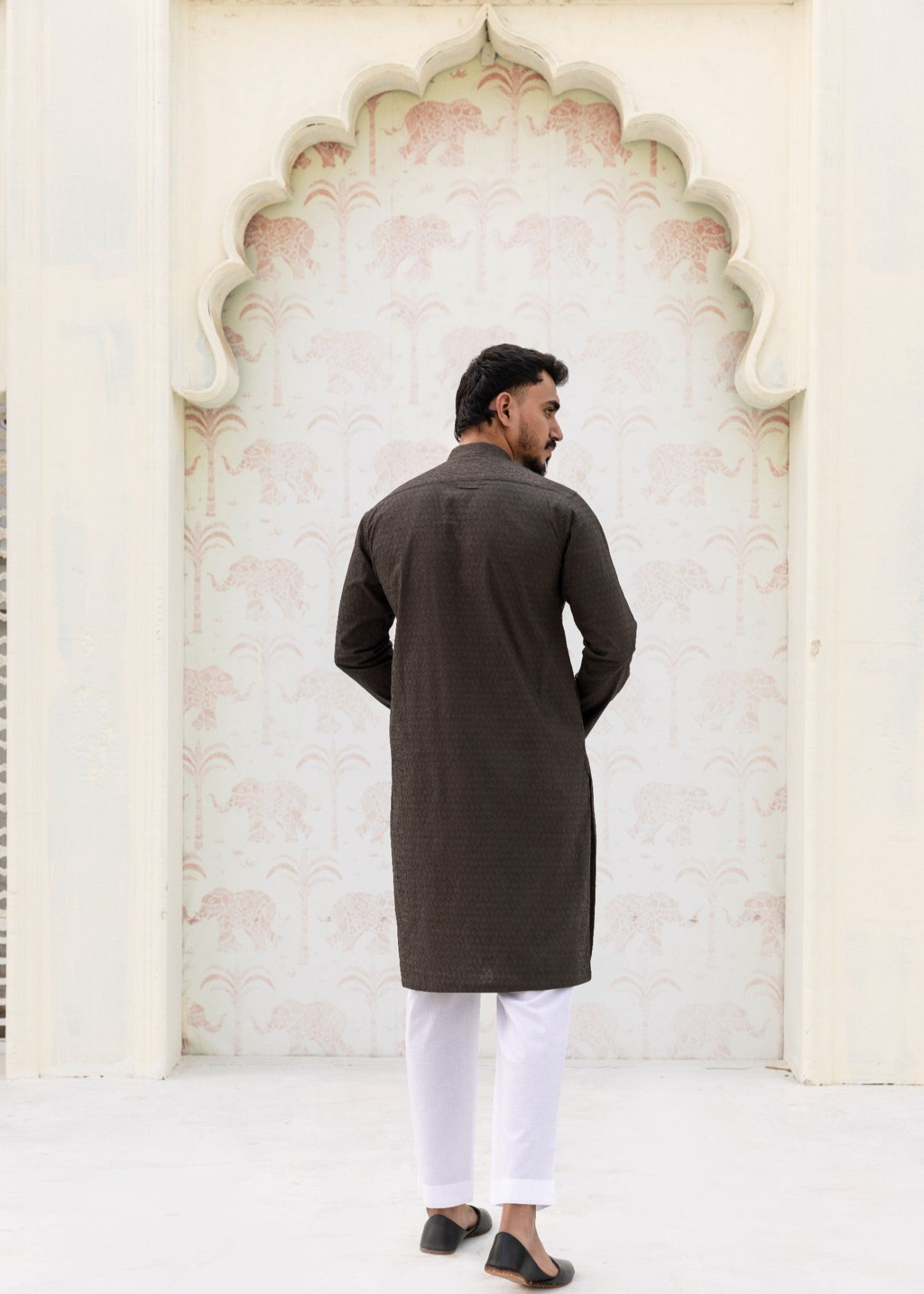 schiffli Kurta Set in Black olive