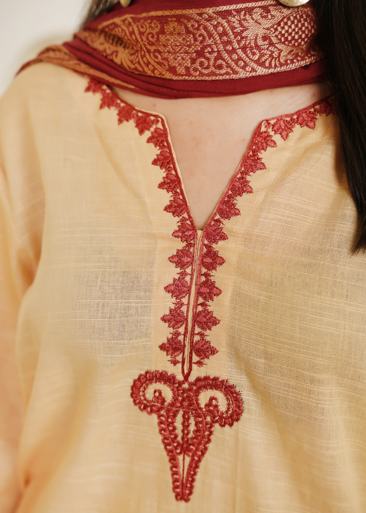 khaddar Kurta Set in Gold, burnt red, buttercream