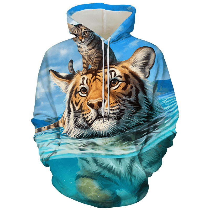 Men'S Tiger Series 3D Printing Hooded Loose Sweater