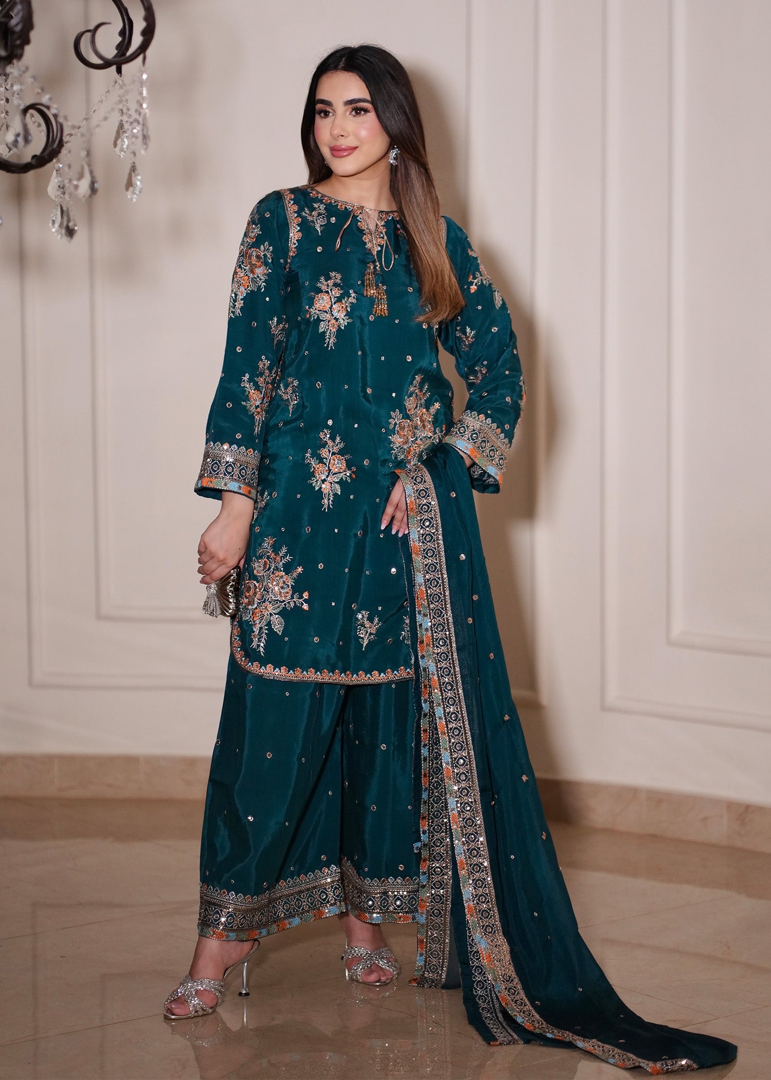 silk Kurta Set in Teal
