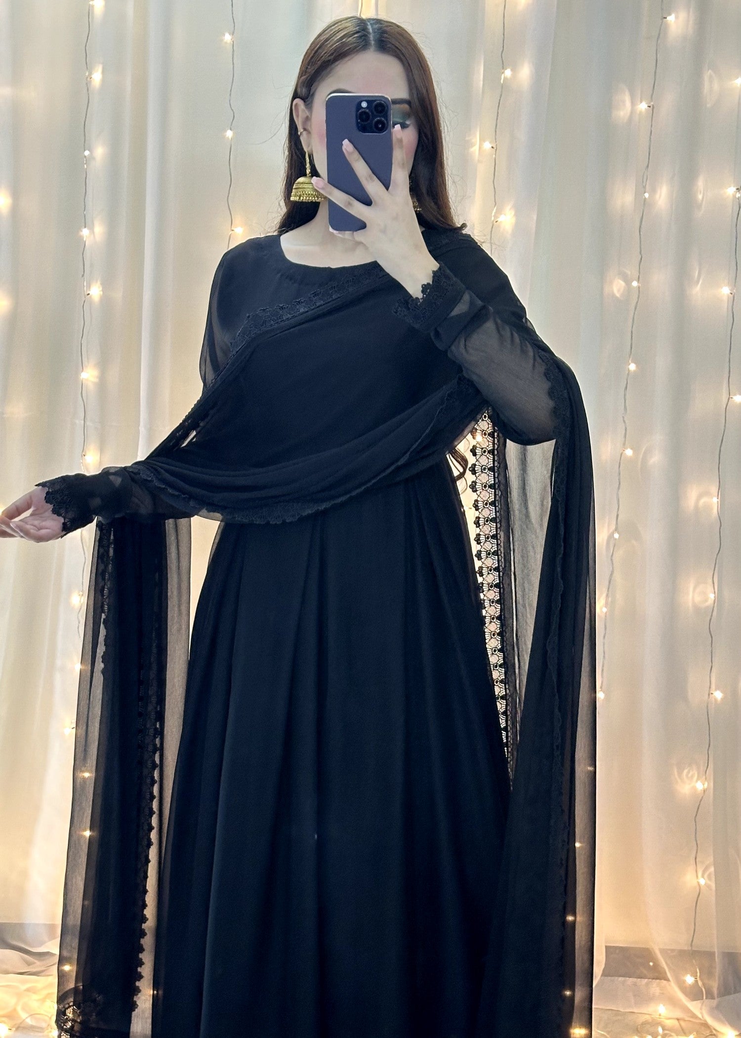 bemberg crinkle chiffon Anarkali in Black