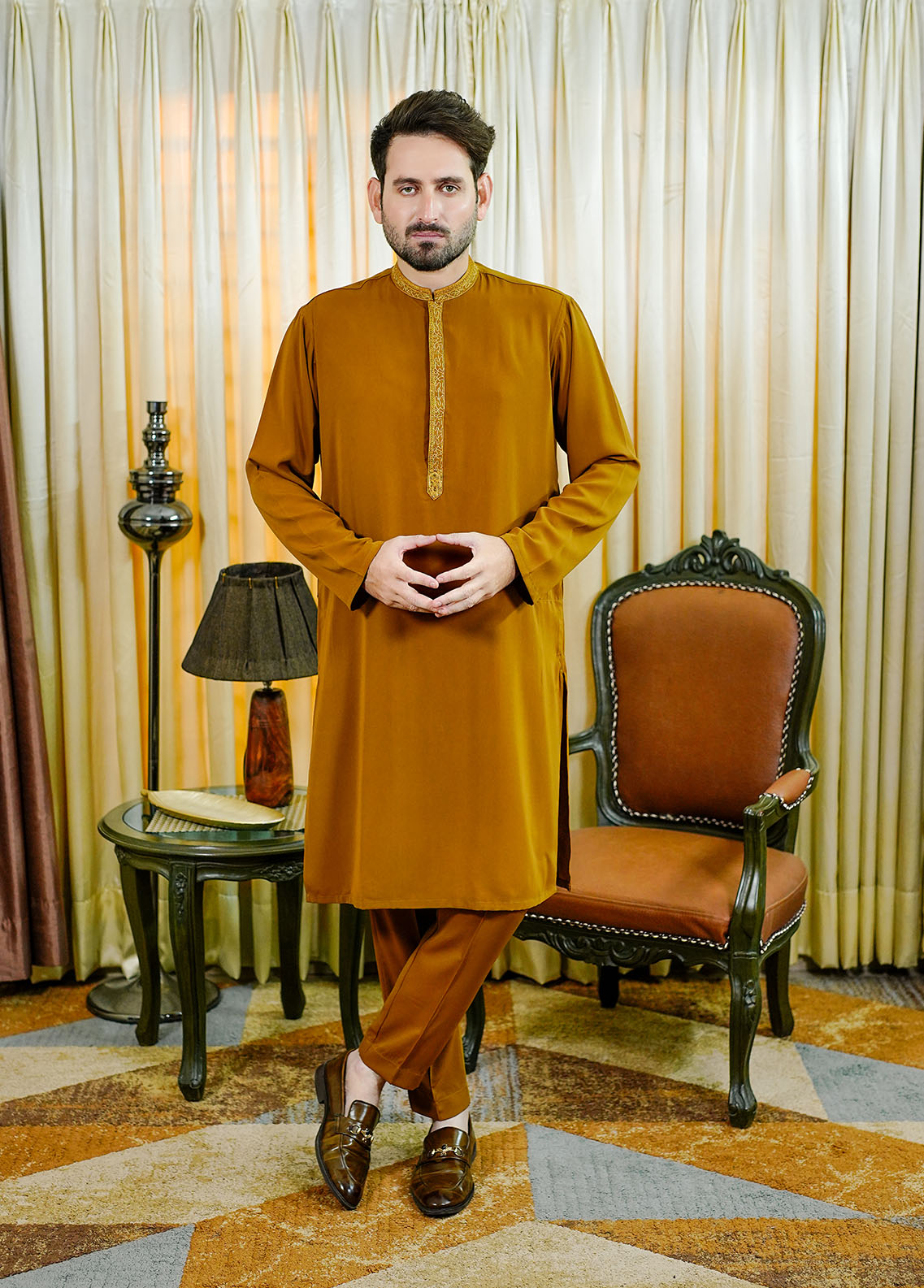 silk georgette Kurta Set in Mustard