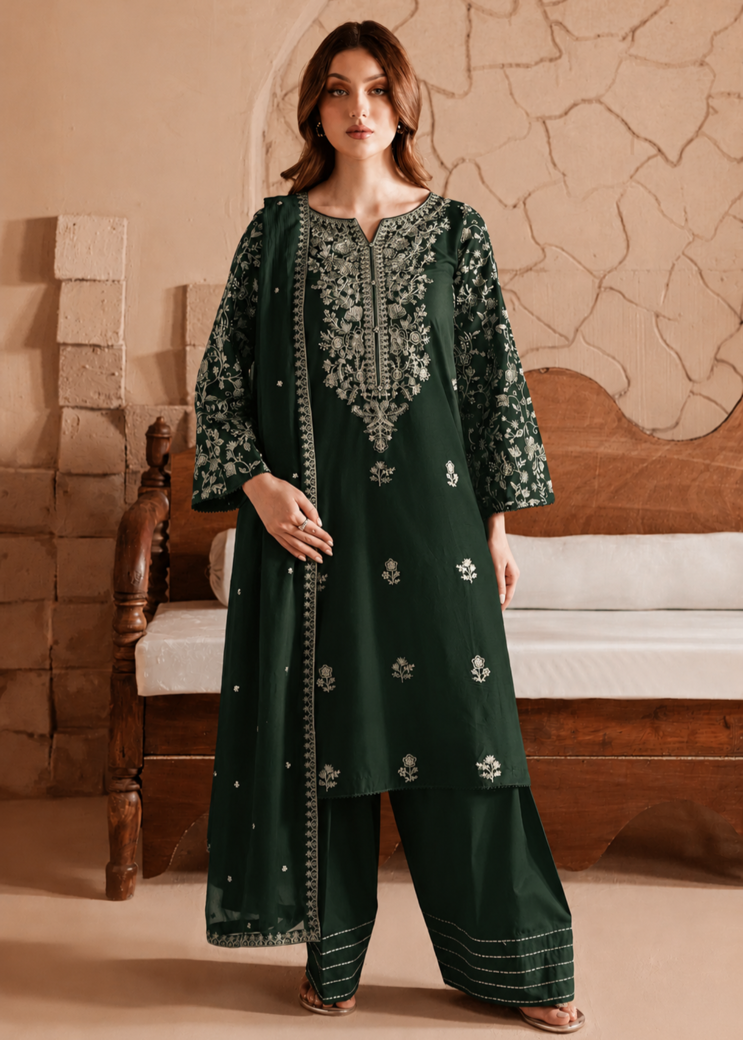 linen Kurta Set in Hunter green