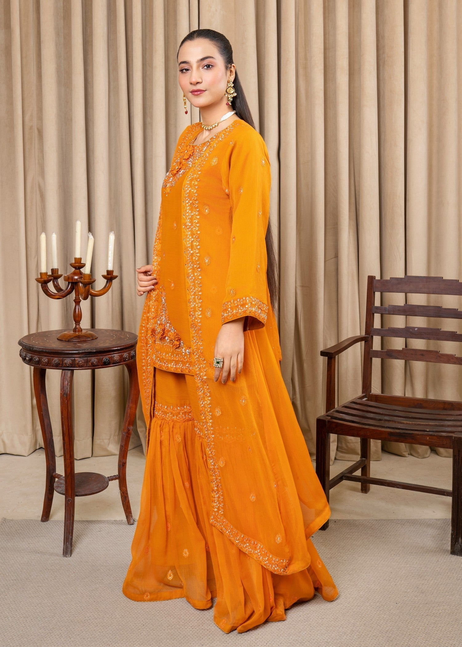 chiffon Gharara in Mustard