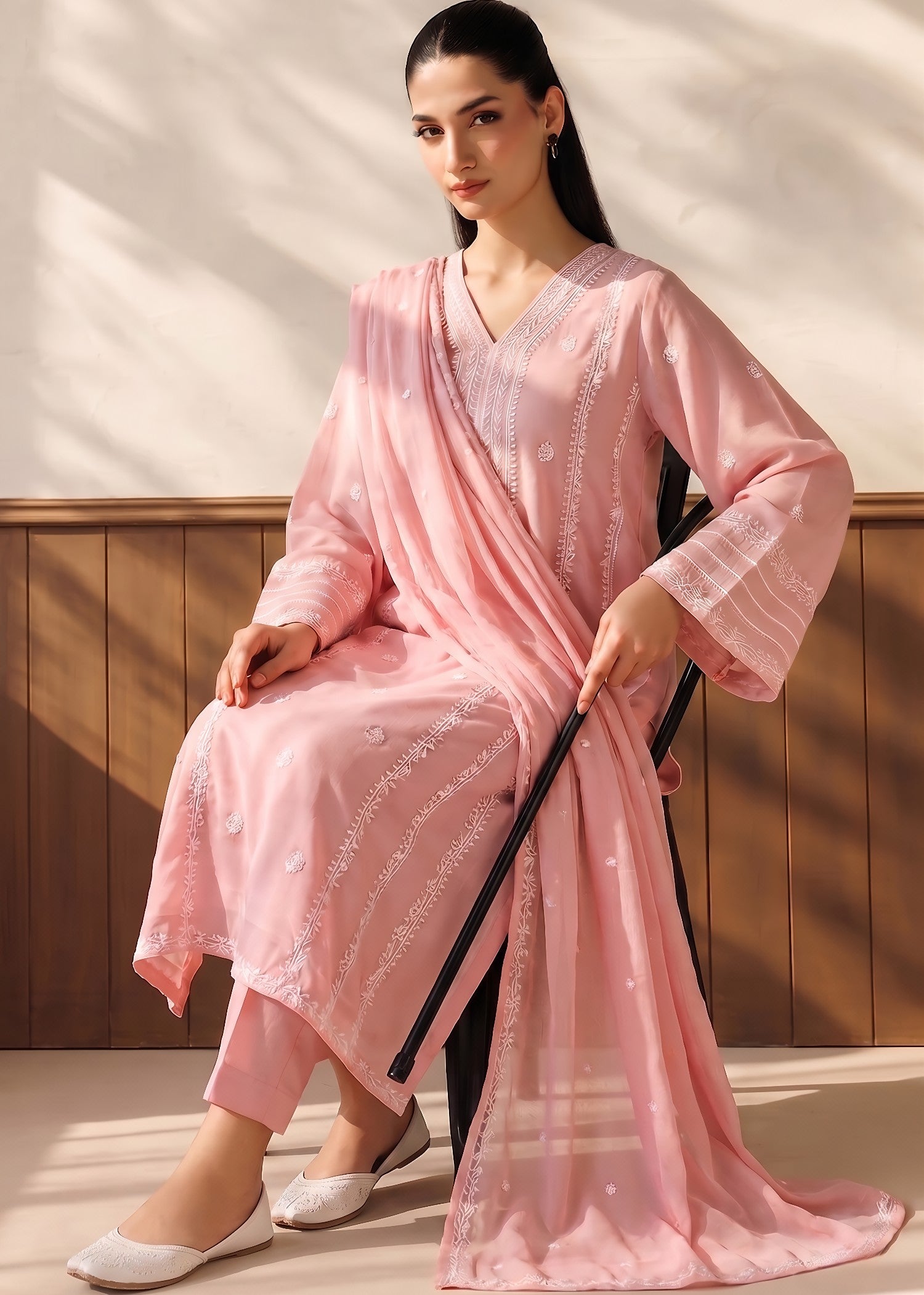 bemberg crinkle chiffon Kurta Set in Light pink