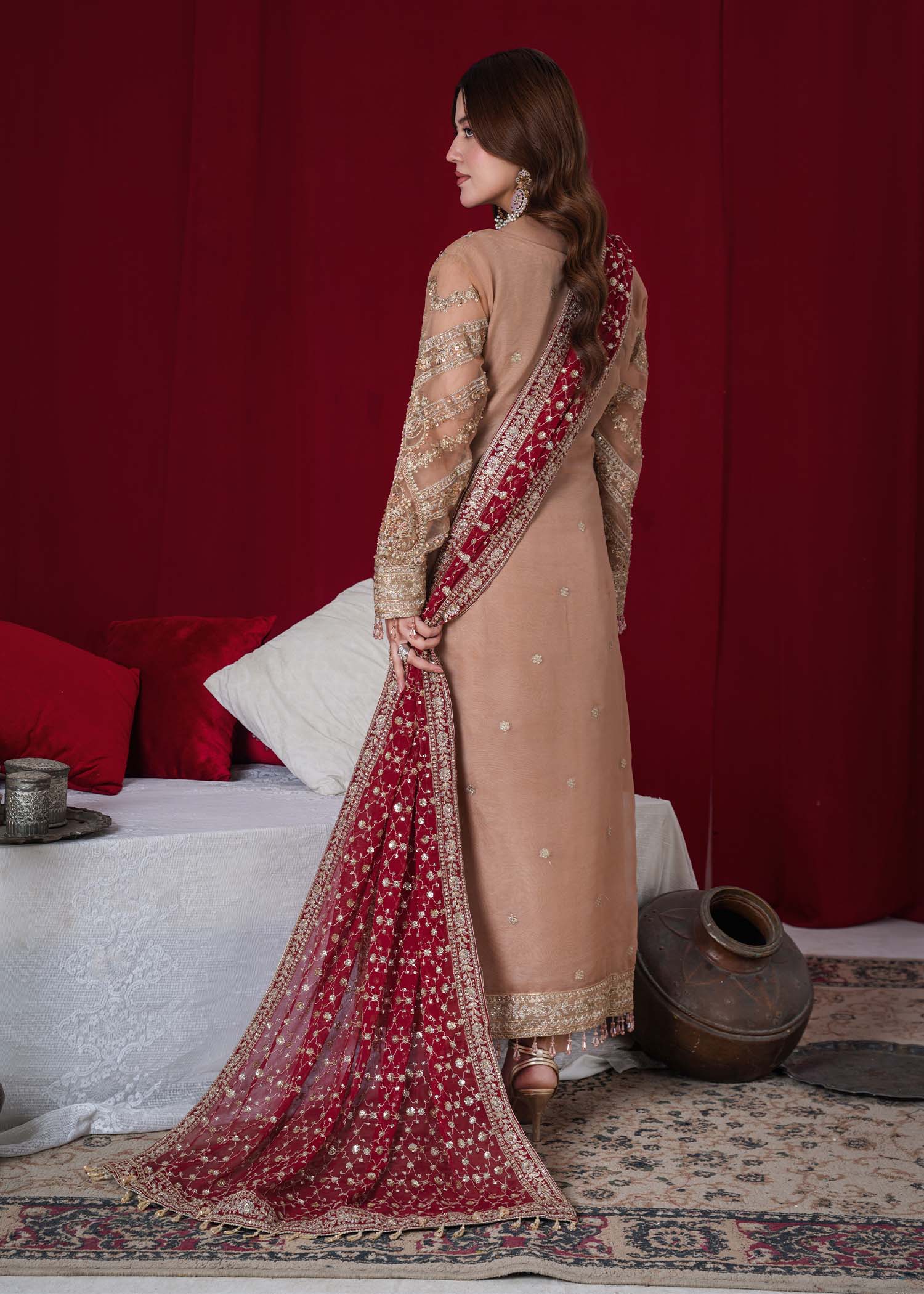 organza Kurta Set in Sand brown, maroon