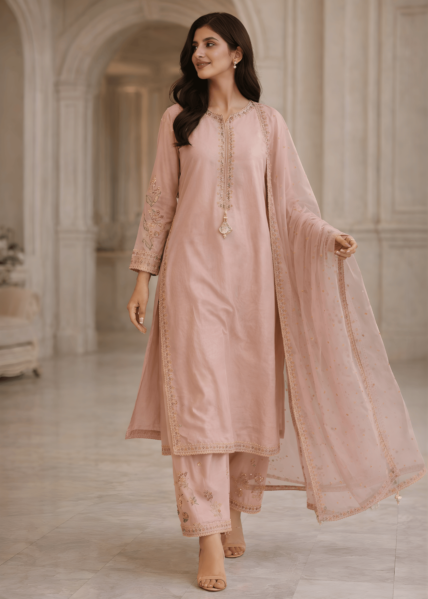 silk Kurta Set in Tea rose pink