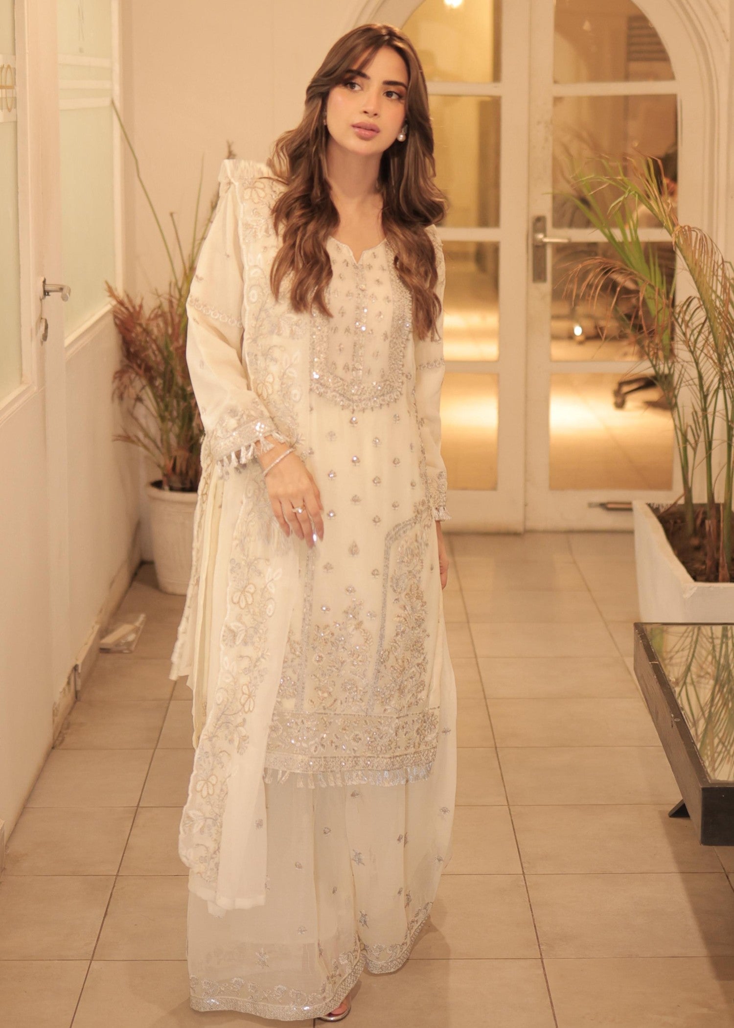 chiffon Kurta Set in Cream