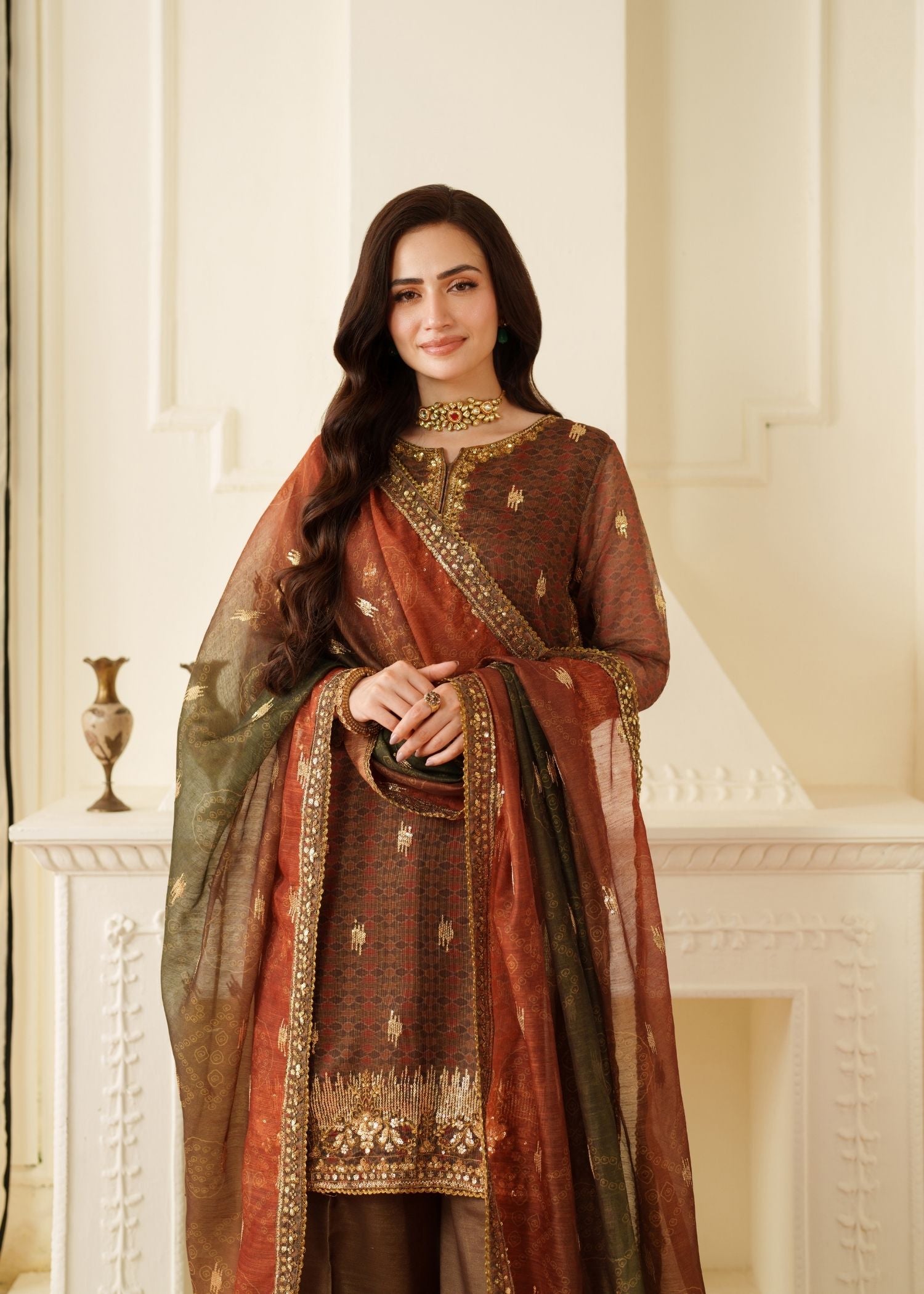 net Kurta Set in Brown