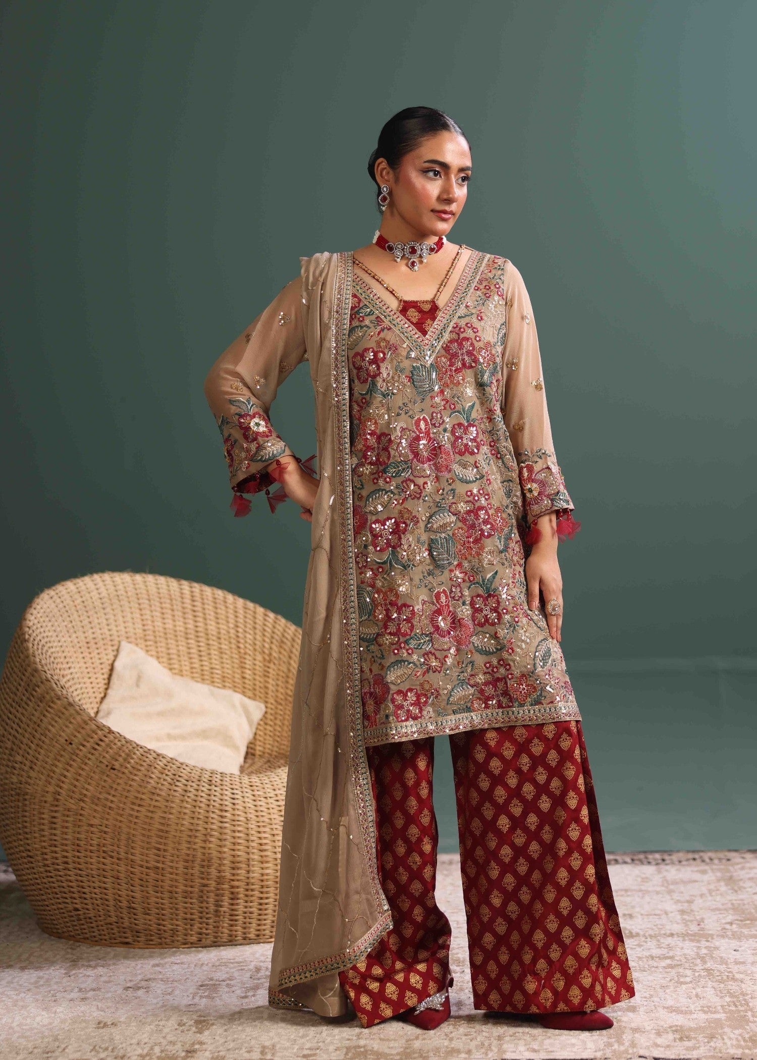 crinkle chiffon Kurta Set in Warm grey