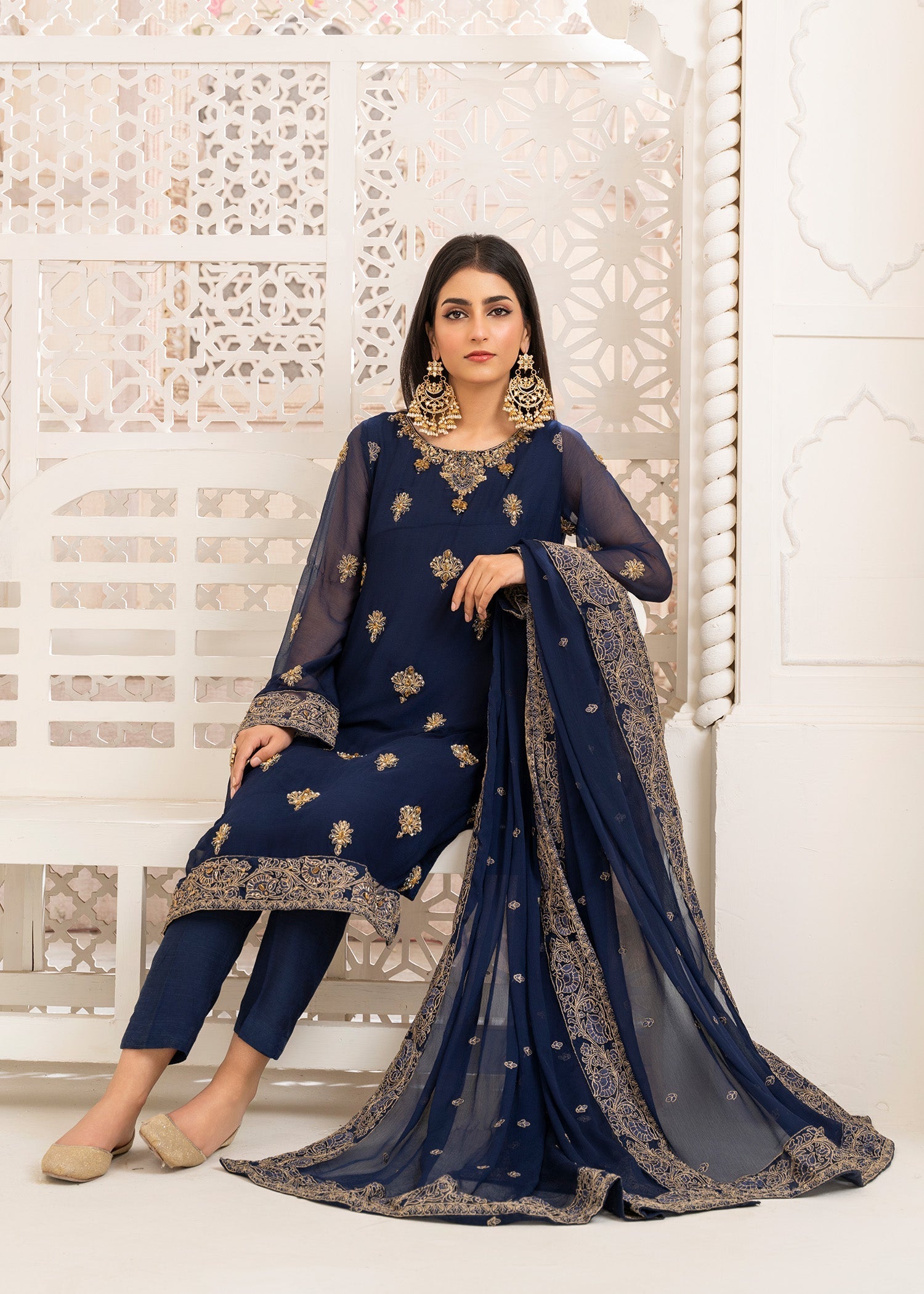 chiffon Kurta Set in Dark blue