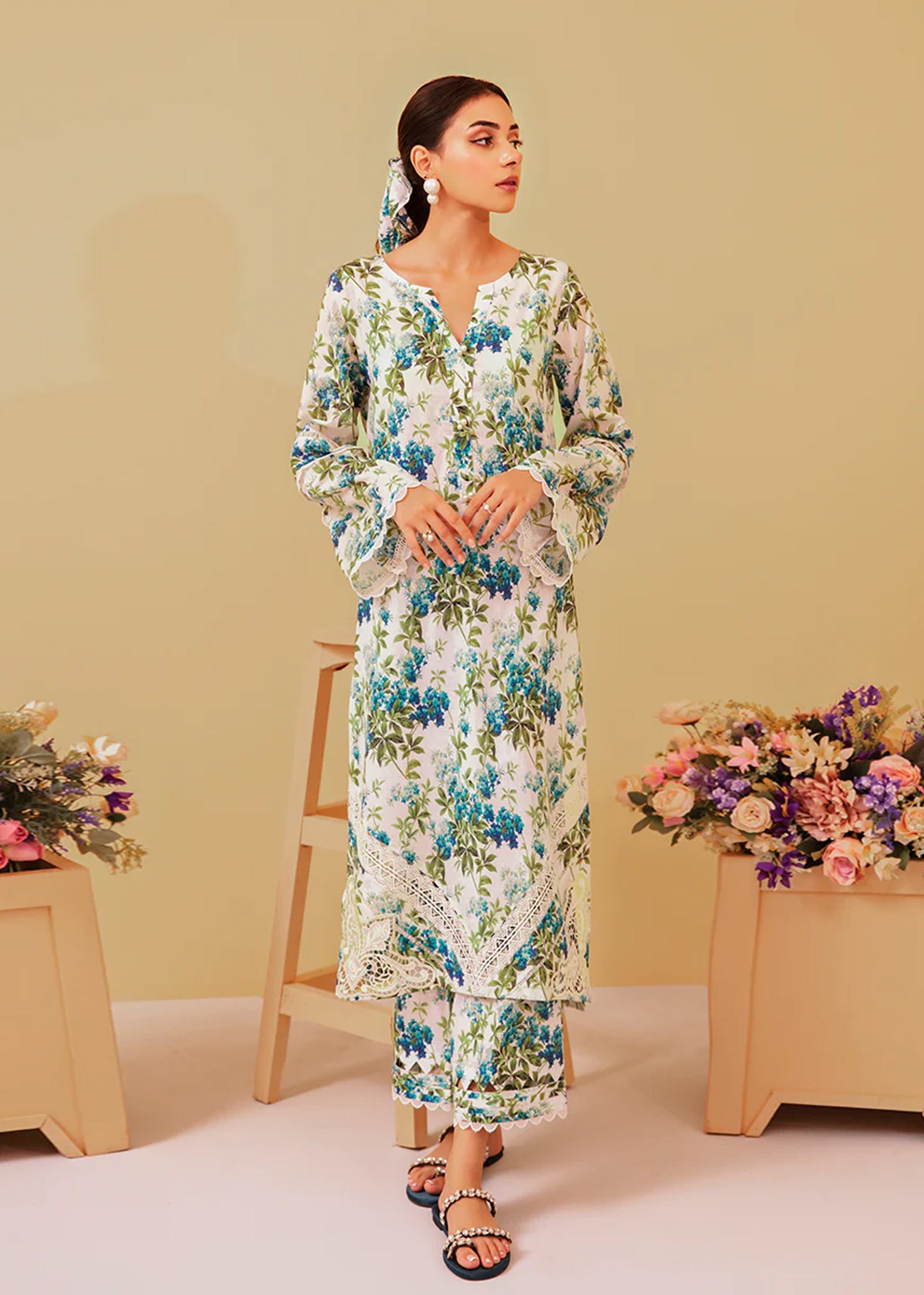 lawn Co Ord Sets in Teal, ivory