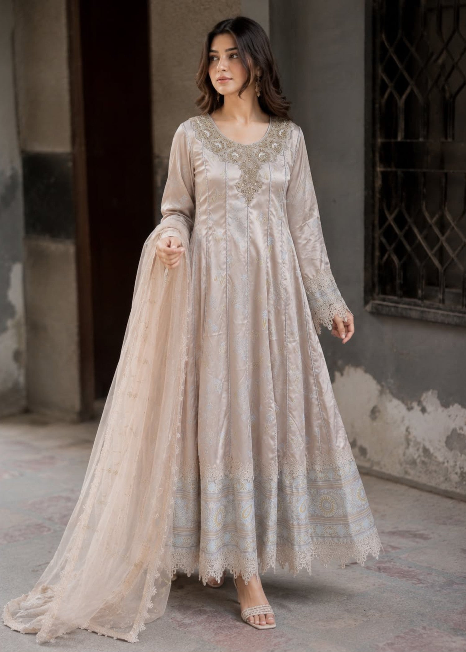 silk Anarkali in Silver