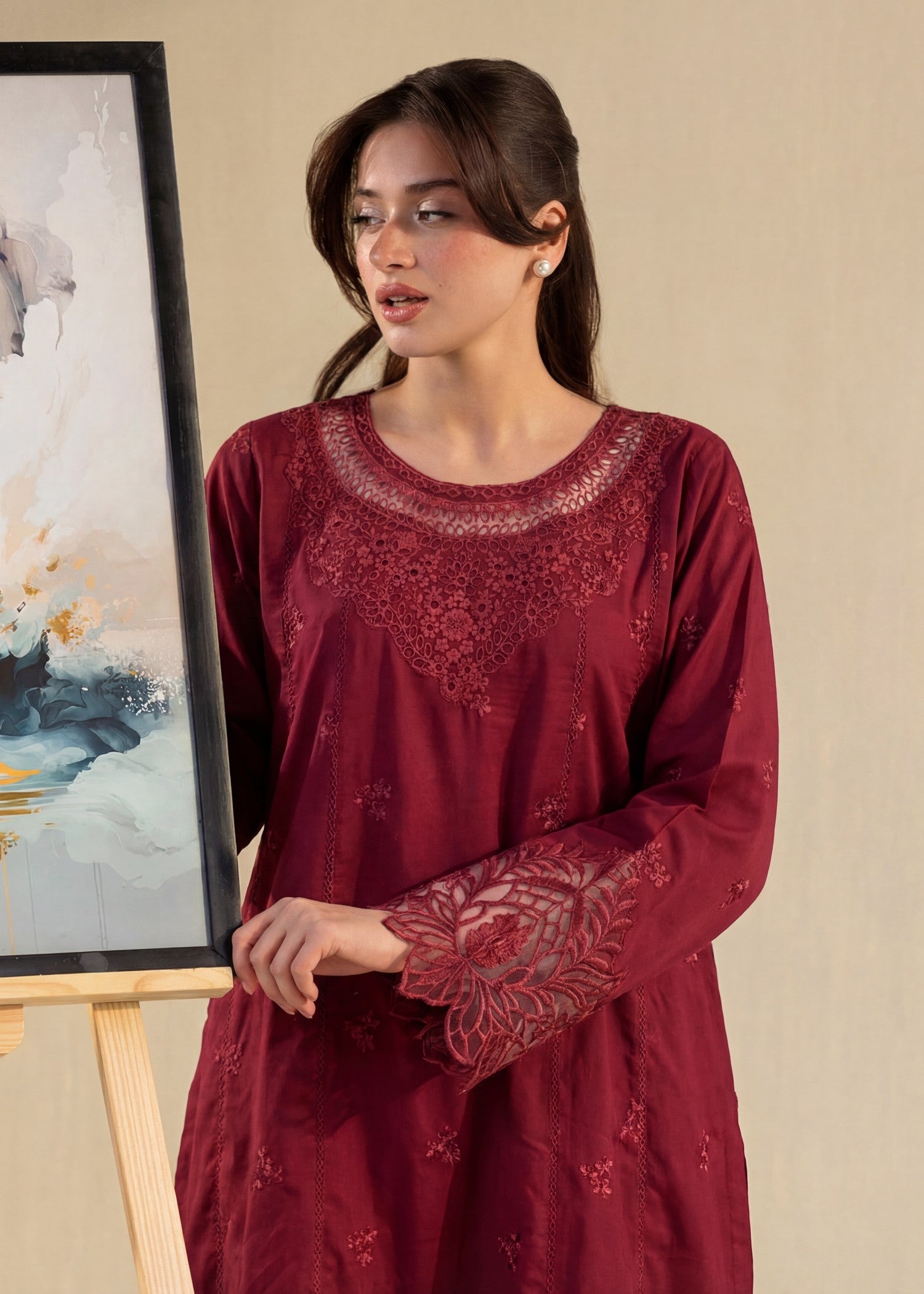 cotton Kurta Set in Maroon, brick red