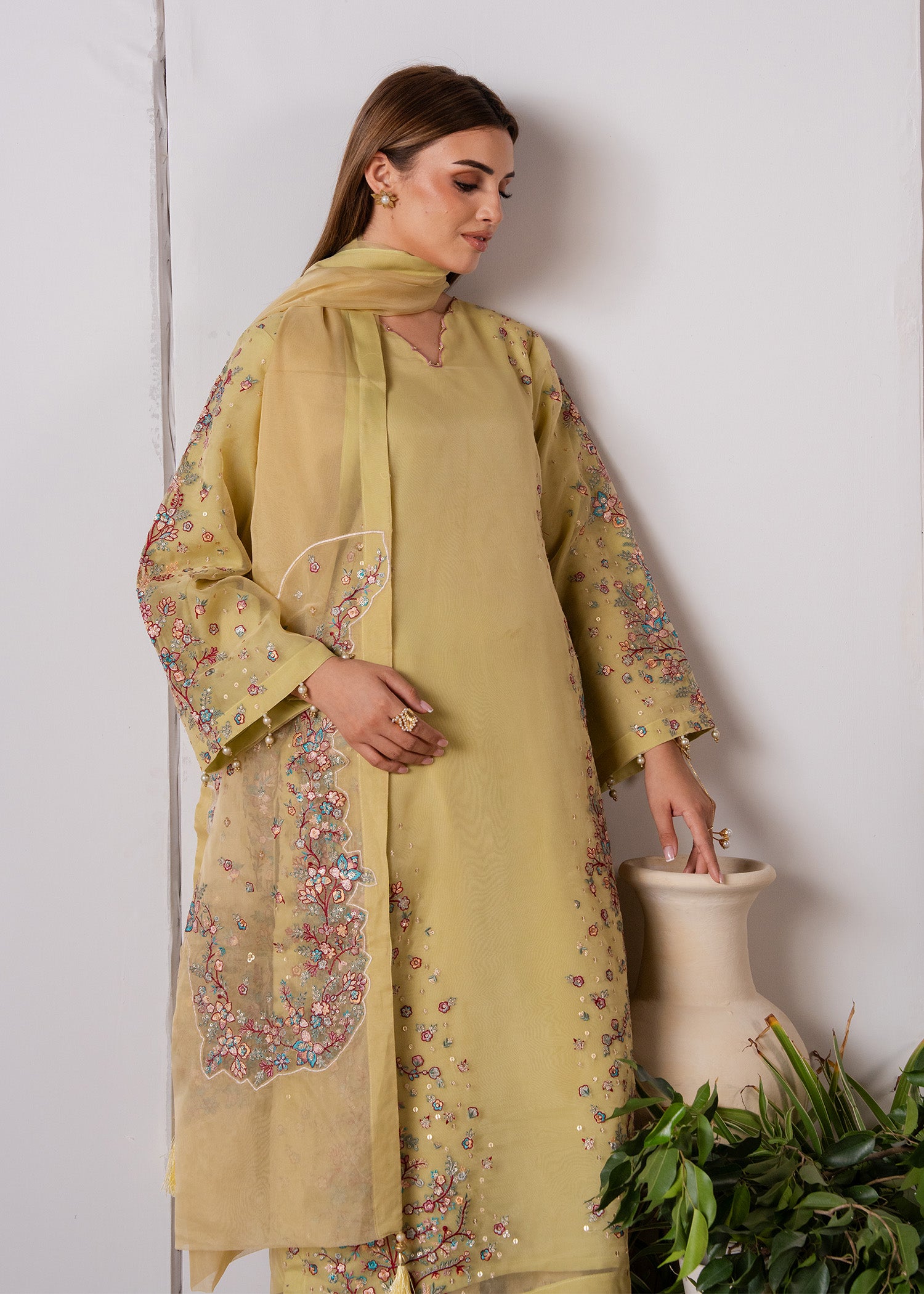 organza Kurta Set in Yellow green
