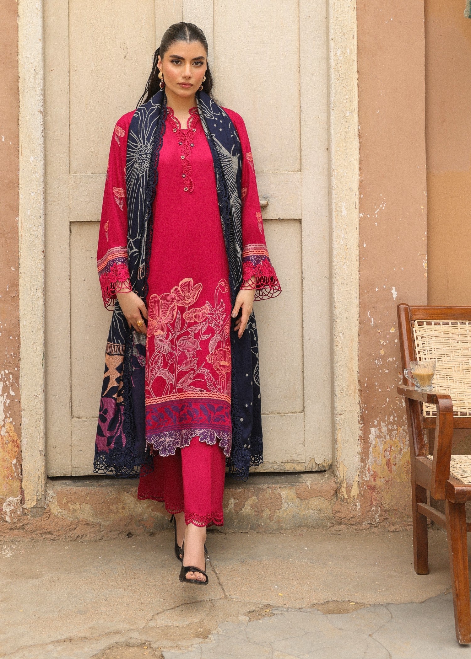 jacquard viscose Unstitched in Hot pink