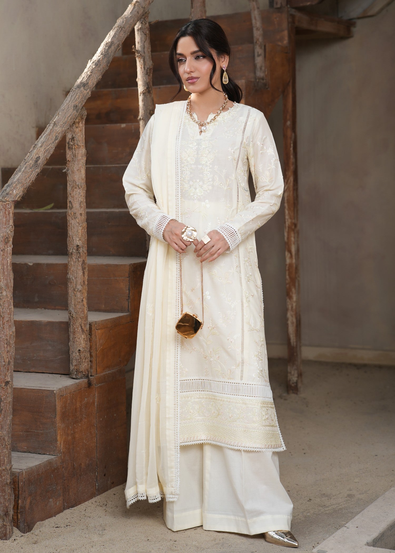lawn Kurta Set in Off-white, goldfish orange