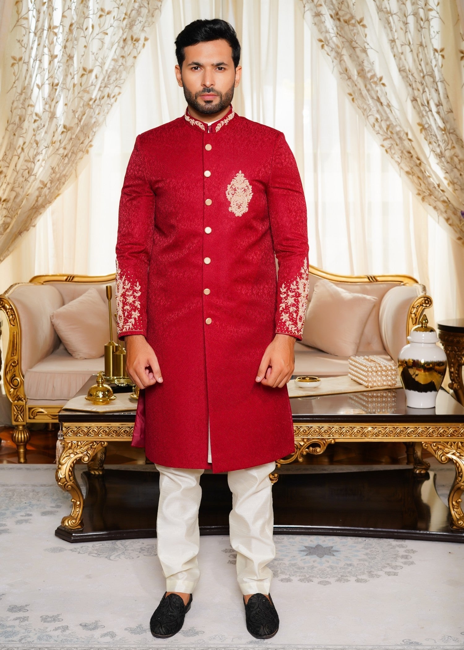 jamawar Sherwani in Maroon