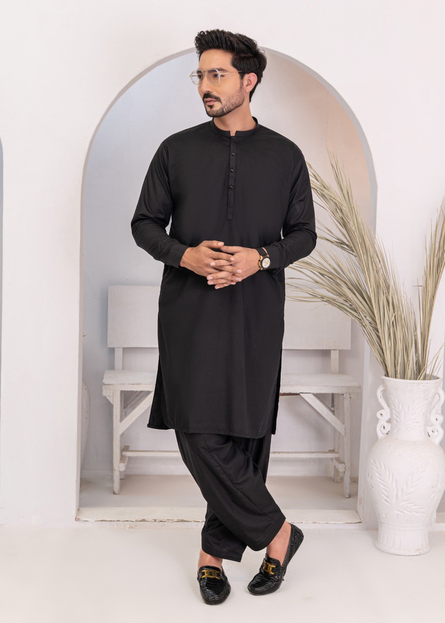 wash & wear Shalwar Kameez in Black by Hassan Jee Men