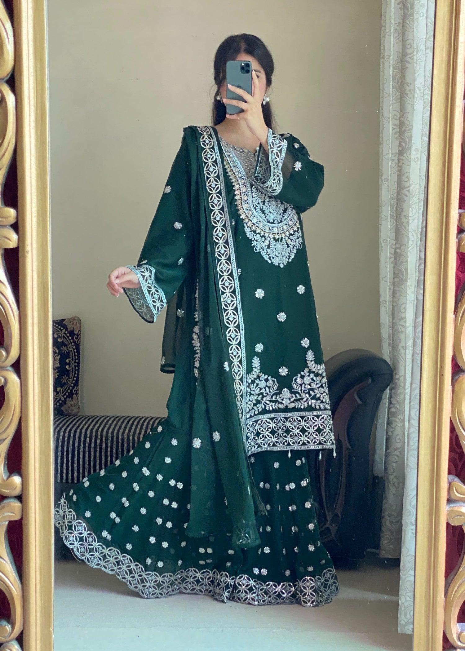 chiffon Gharara in Bottle green