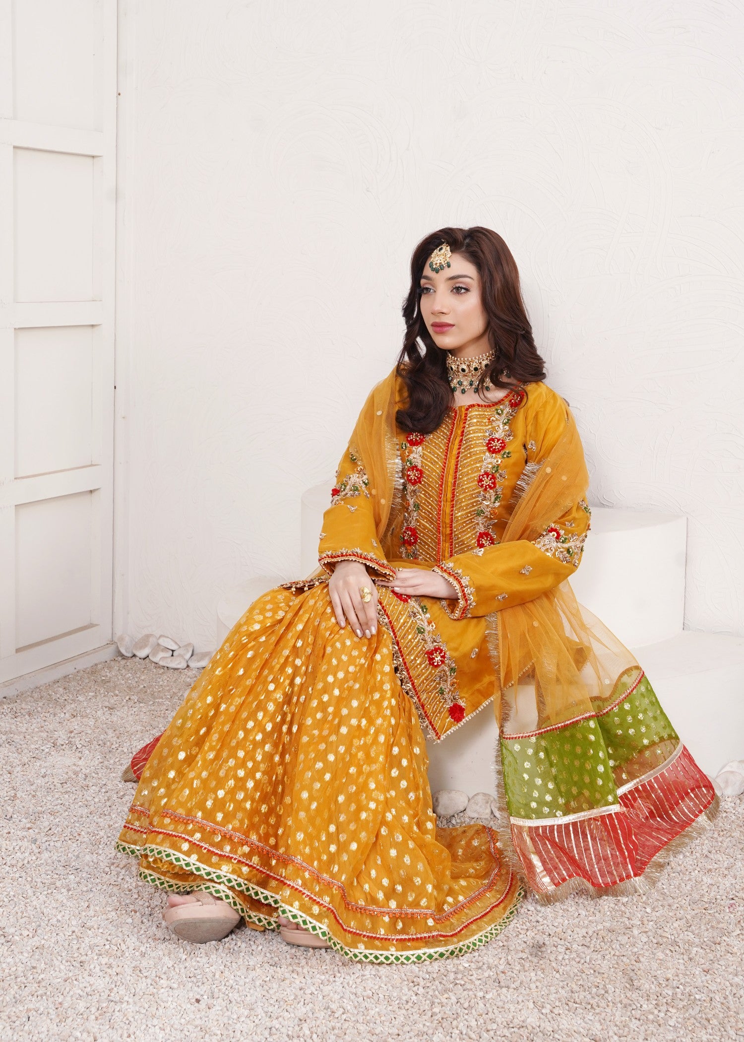 organza Gharara in Mustard