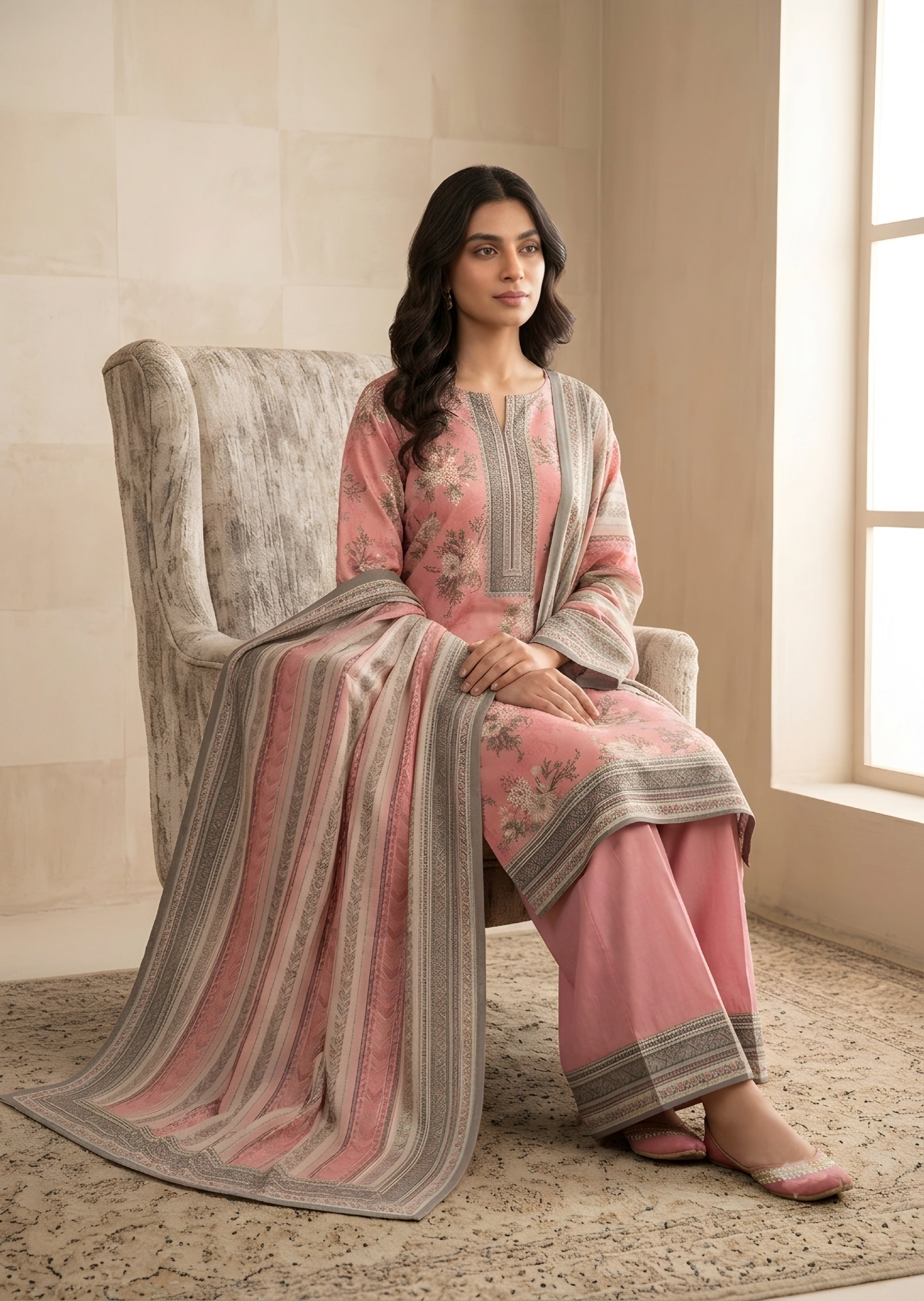 lawn Unstitched in Indian pink