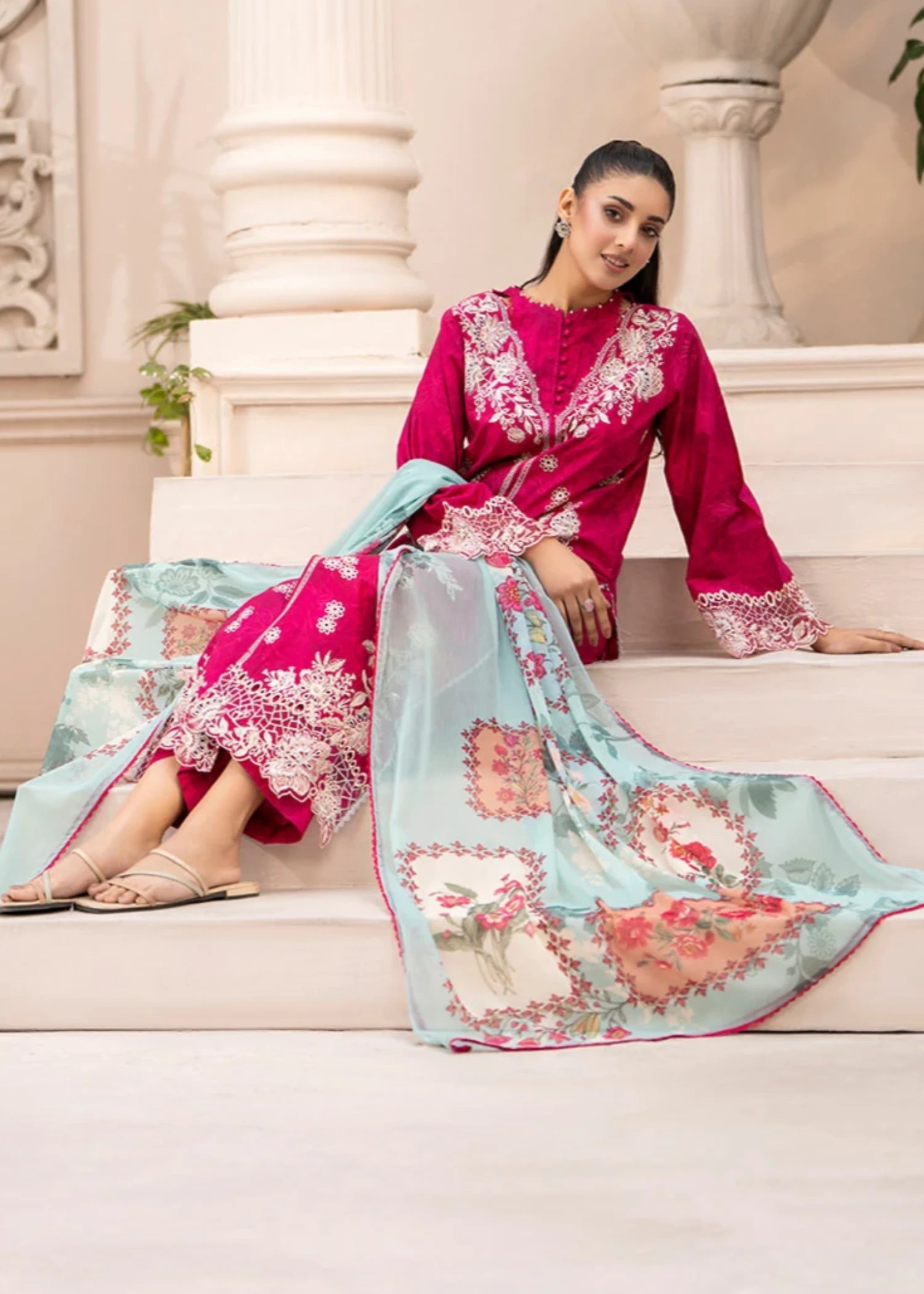 cambric Kurta Set in Shocking pink
